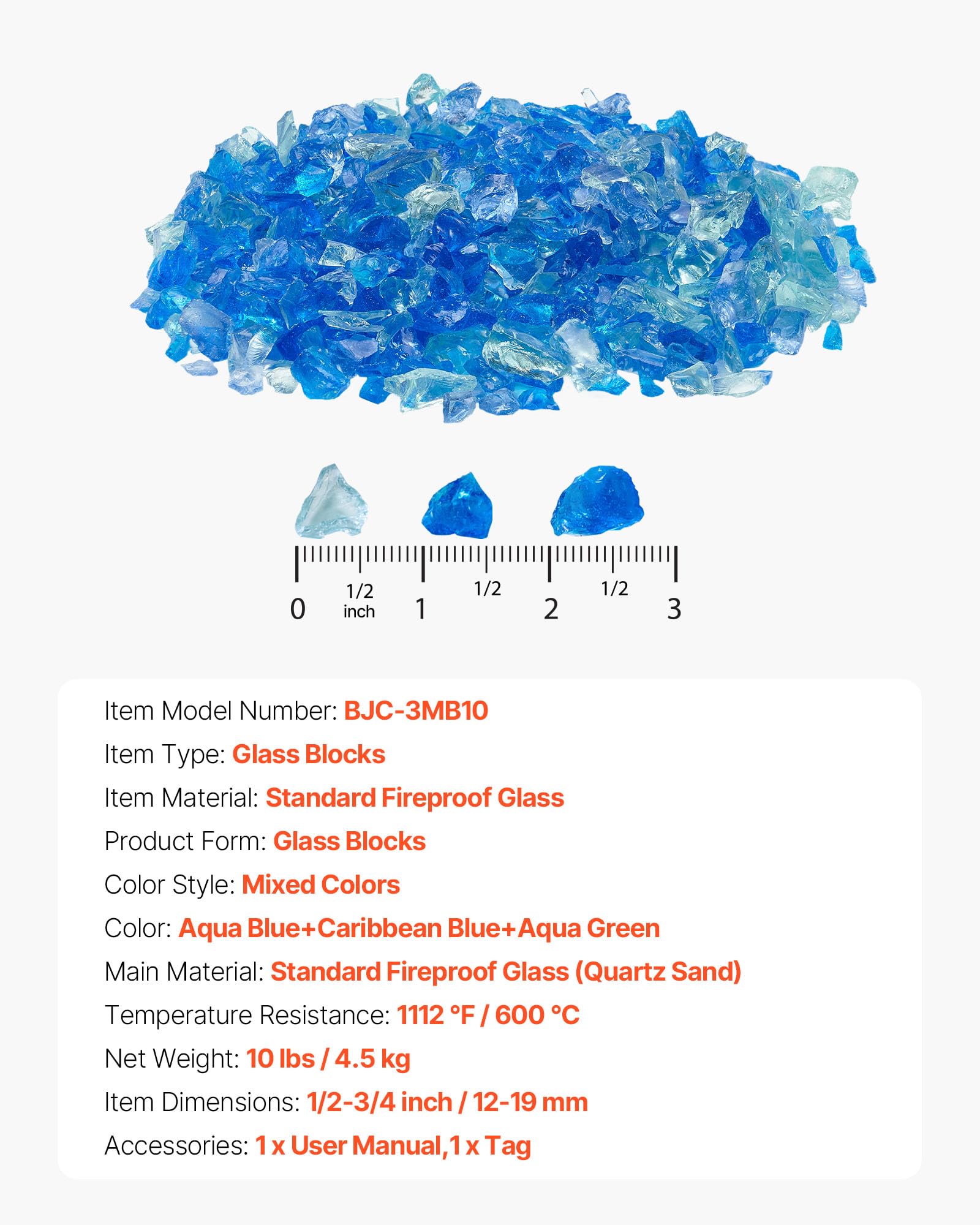 VEVOR Vetro per Caminetto, 4,5 kg di Pietre per Caminetto, 19,05 mm di Spessore, Riflettente, per Braciere, Pietra ad Alta Lucentezza, per Tavolo da Braciere, Blu Acqua, Blu Caraibico, Verde Acqua