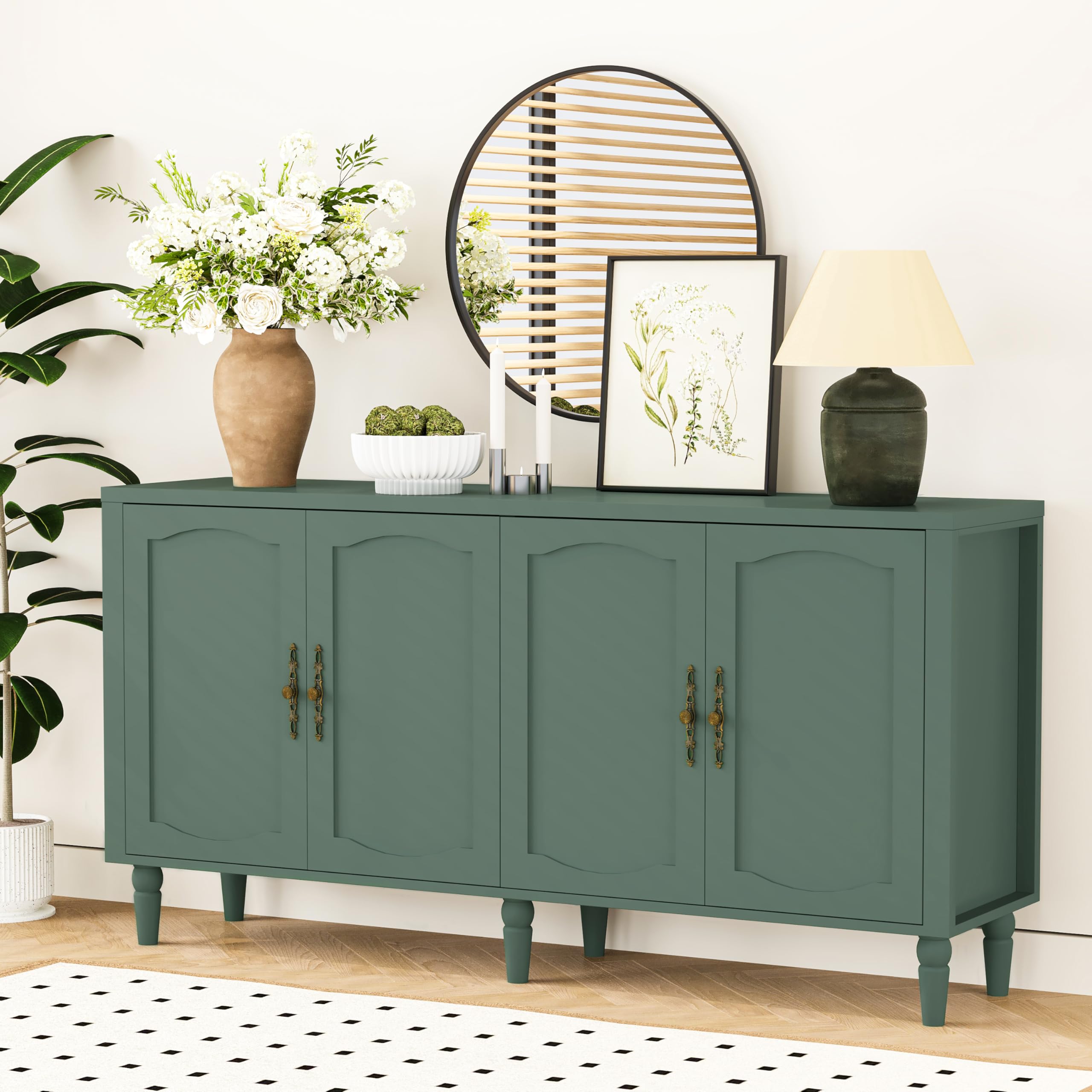 AMLANCHER Sideboard, 160cm Large Kitchen Storage Cabinet with 4 Doors & Carved Handles, Kitchen Cupboard with Adjustable Shelf for Entryway, Living Room, Dining Room, 160 x 40 x 81 cm, Green