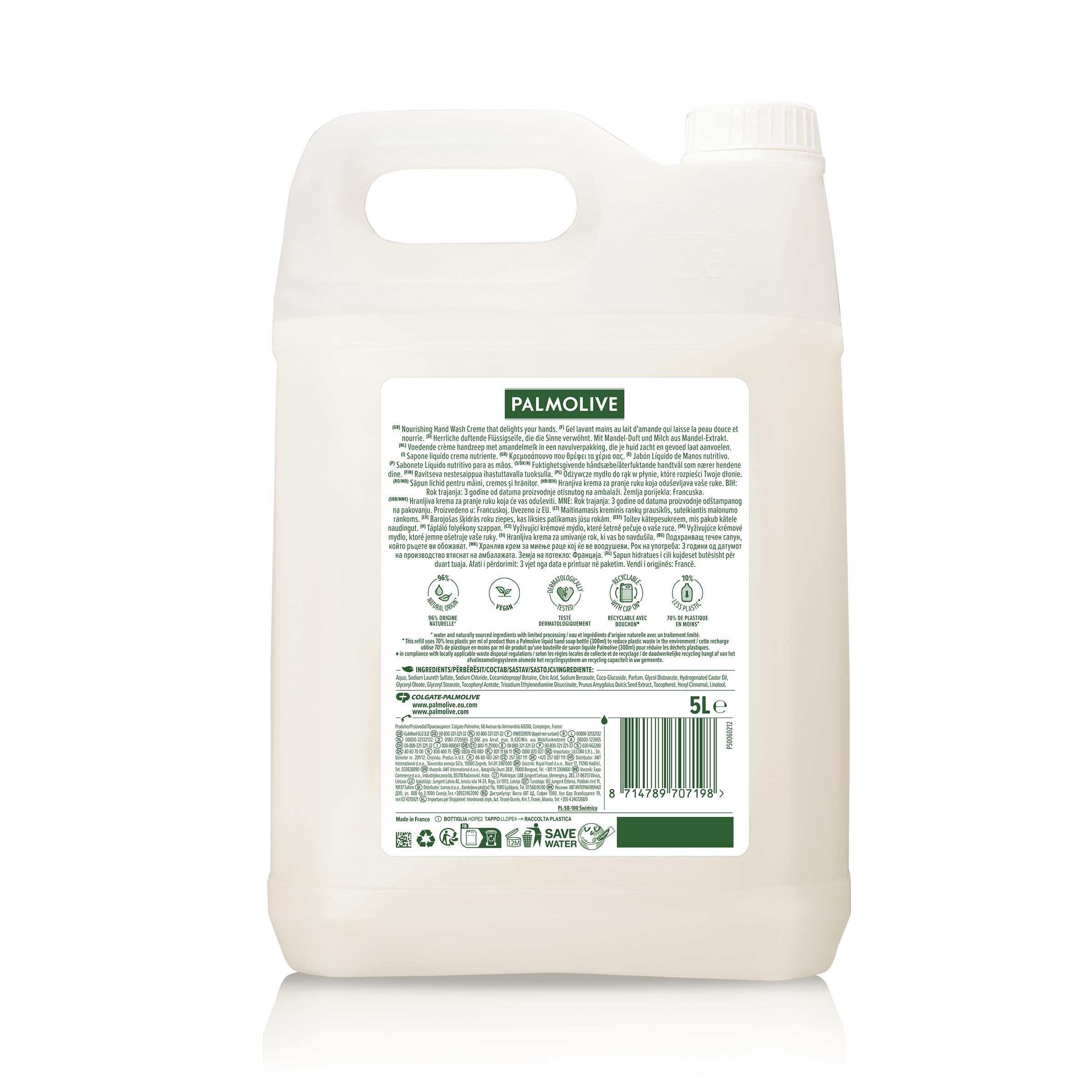 PALMOLIVE- Savon liquide Mains Soin délicat Amande & lait -Format économique-Bidon de 5L