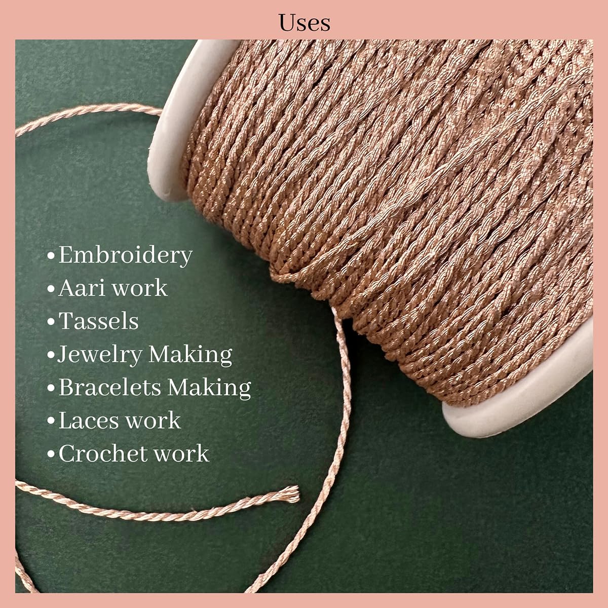 Embroiderymaterial Twisted Metallic Machine Embroidery Zari Thread/Dori for Embroidery, Aari work, Tassels, Jewellery, Bracelet, Lace, Crochet & Hand Embroidery (1MM Width, 73 Meters) (Rose Gold) 4