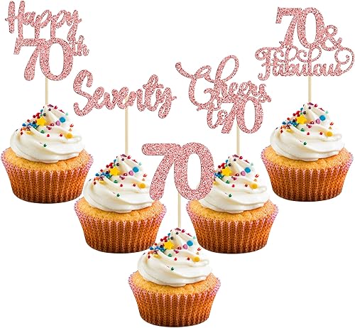 Paquete de 30 adornos para cupcakes de feliz cumpleaños 70 con purpurina de oro rosa y 70 años de edad, para decoración de pasteles de 70 años de
