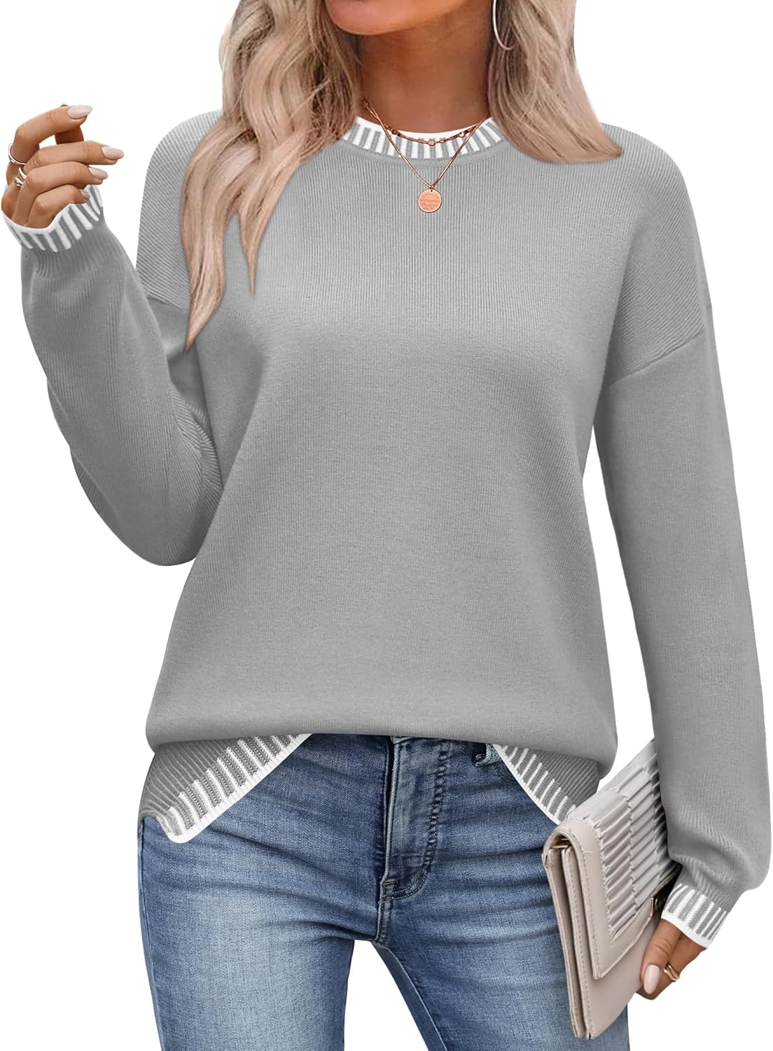 Zeagoo Womens Crewneck Pullover Sweater Long Sleeve Knit Side Slit 2025 Fall Winter Sweater Tops