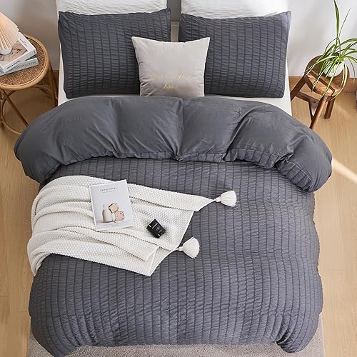 Miniatura 3 de DuShow - Juego de funda de edredón con lino ultra suave, sirsaca, cierre de cremallera y color liso, 3 piezas