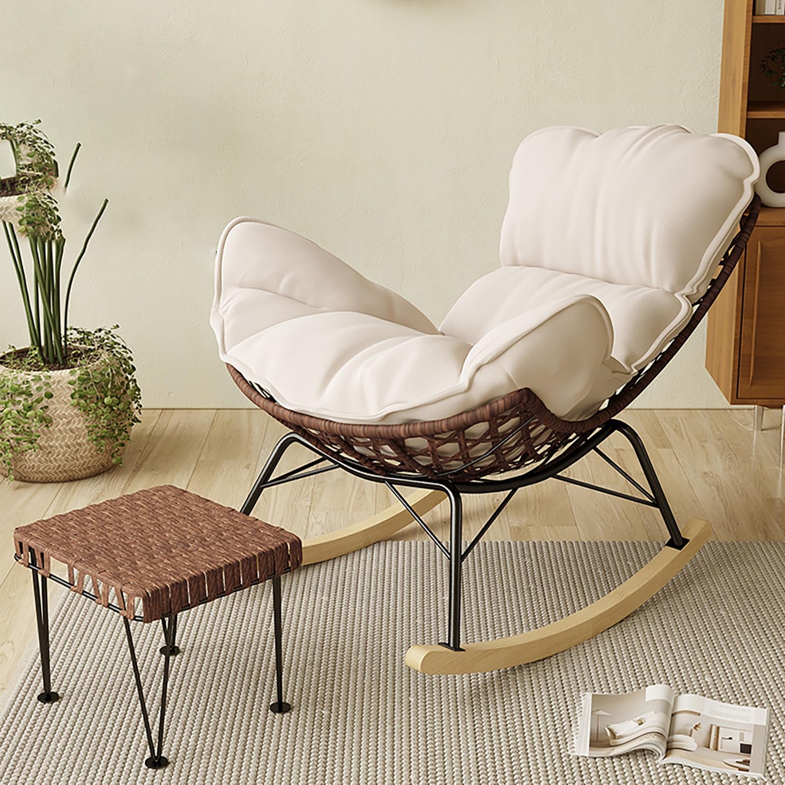 Oversized Rocking Chair with Cushion, Modern Accent Rocking Chair, Rubber Wood Legs with Rattan, Ergonomic Design, Sled-Style Base for Bedroom, Living Room, Porch, Garden(Off-White)