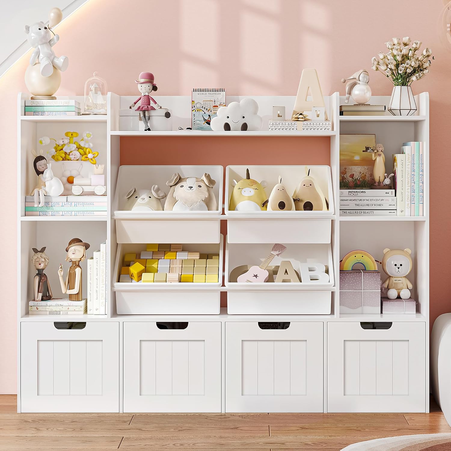 Toy Storage Organizer, Toy Organizer Kids Bookshelf with 4 Movable Drawers and 4 Box Bins, Playroom Organization and Storage for Kids Room, Living Room