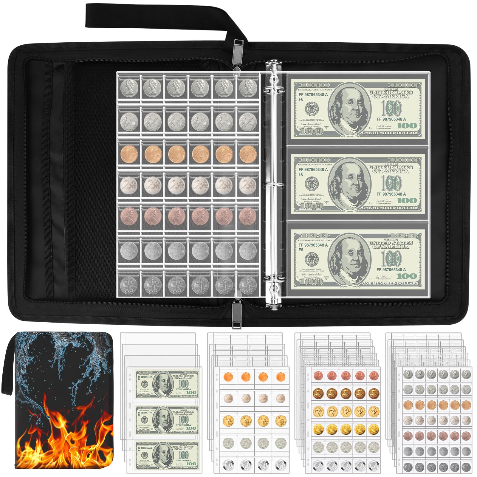Coin Collection Book Holder for Collectors, 512‬ Pockets Coins Collecting Album & 12 Sleeves Money Organizer Binder, Fireproof Coin Collection Supplies Case Album for Coin Pennies Bill Quarters Stamp