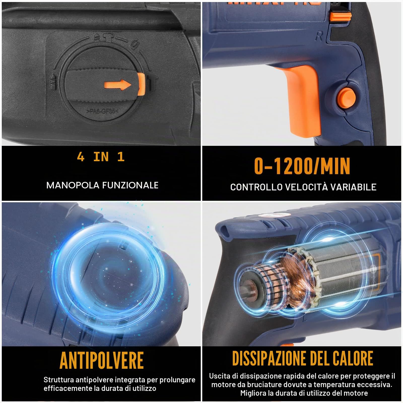MAXPRO Martello Perforatore SDS-Plus 800W, 6 Velocità Variabili con 4 Funzioni, Capacità di foratura: calcestruzzo (26MM), metallo (13MM), legno (30MM)
