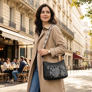 Crossbody Bags for Women, Medium Vegan Leather Purses | Large Capacity Multi-Pocket Embossed Shoulder Bag with Boho Strap for Daily Travel