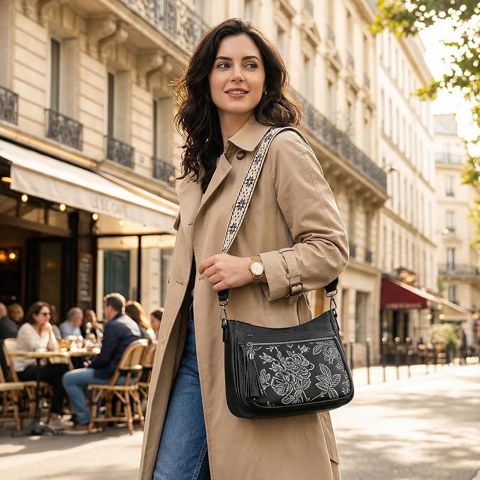 Crossbody Bags for Women, Medium Vegan Leather Purses | Large Capacity Multi-Pocket Embossed Shoulder Bag with Boho Strap for Daily Travel