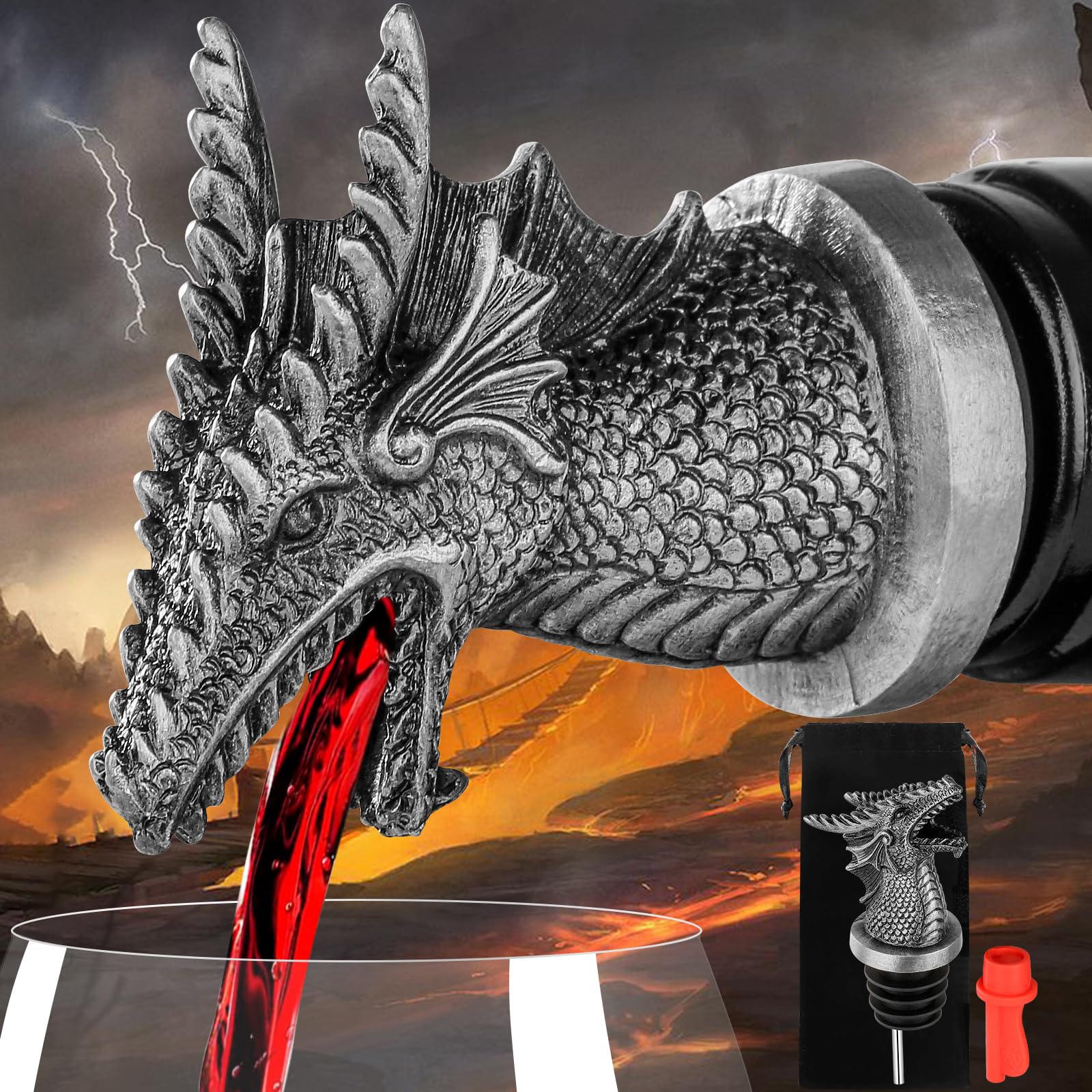 Dragon Head - Vertedor de licor con boquilla para bebidas alcohólicas, regalos de dragón 2 en 1, vertedor de botella de vino y tapón para hombres y mujeres, accesorios de vino, regalos