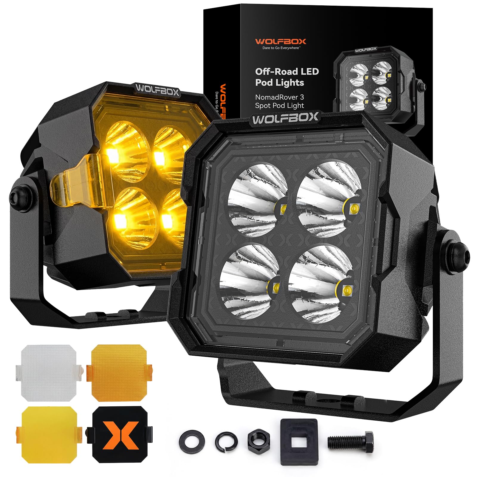 WOLFBOX 3 Inch LED Pods - True Power and Lumens Off Road Ditch Lights with 4 Covers, Professional Fog Lights for Jeep Ford UTV ATV, IP69K Top-Level Waterproof, 2PCS