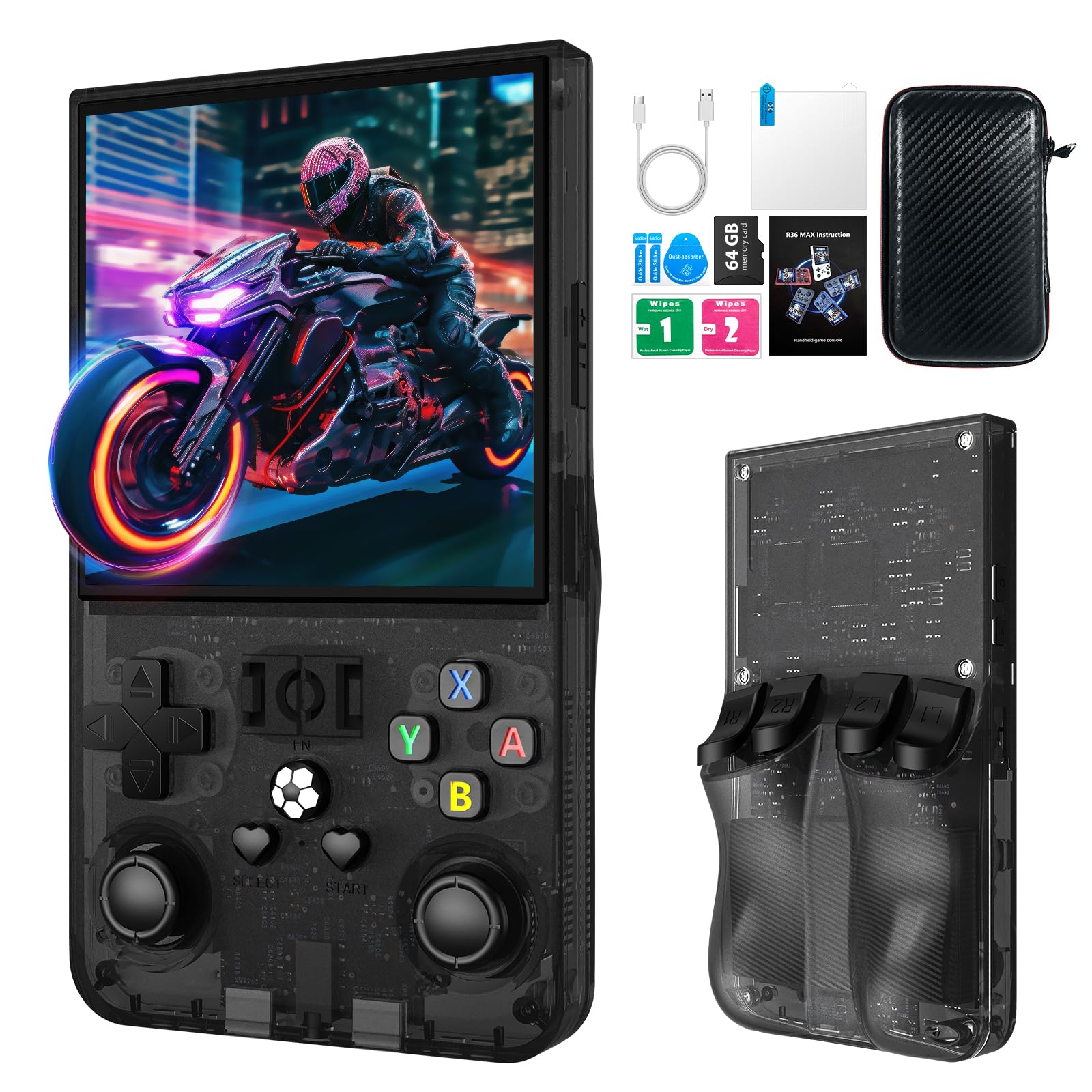 2025 New R36MAX Retro Handheld Game Console, 4.0 Inch IPS Screen Retro Gaming Console, Linux System, 4000mAh Battery Portable Pocket Mini Arcade, Built-in 64G, Black