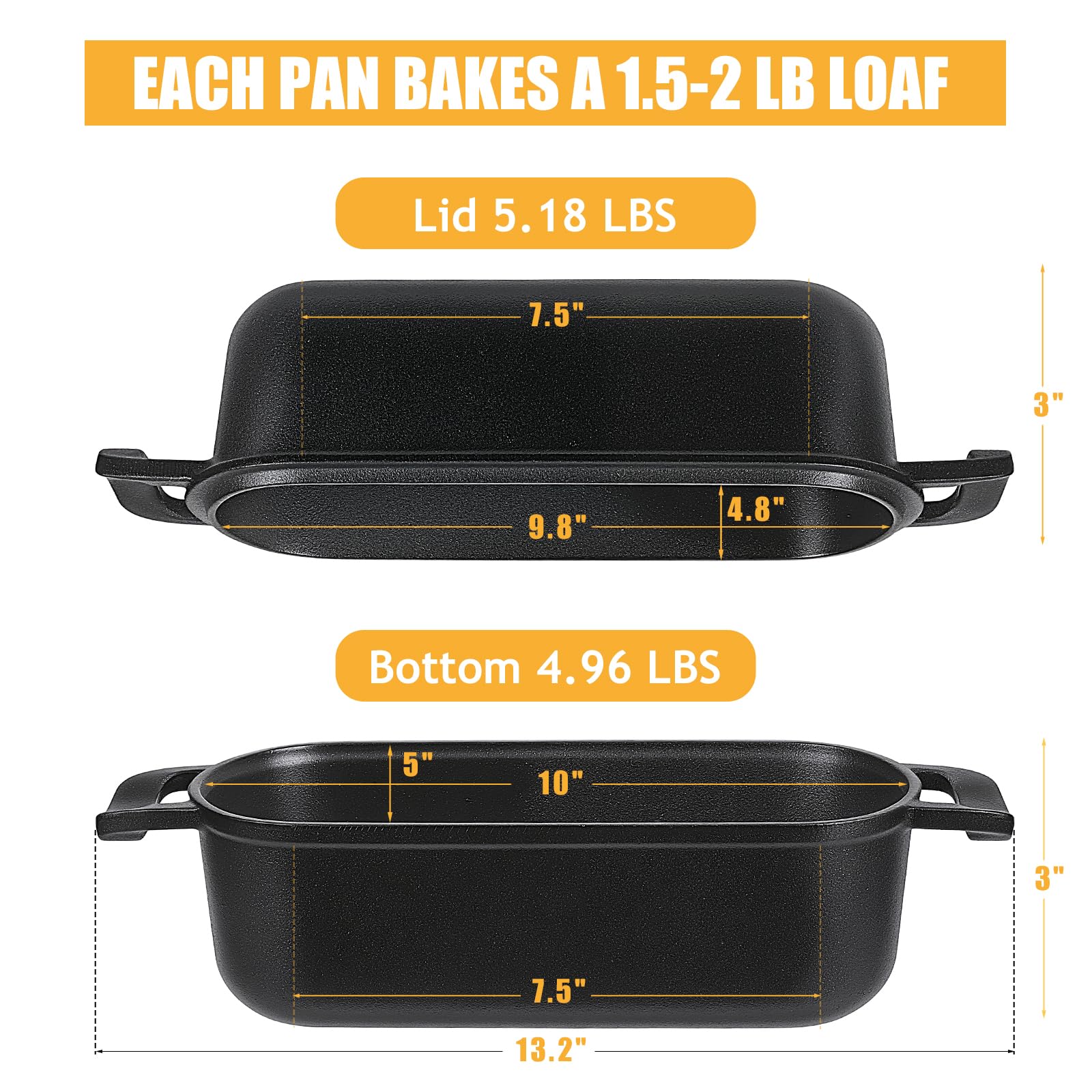 Molde para pan de hierro fundido de 10 x 5 pulgadas con tapa, 2 en 1 para hornear pan casero de masa madre
