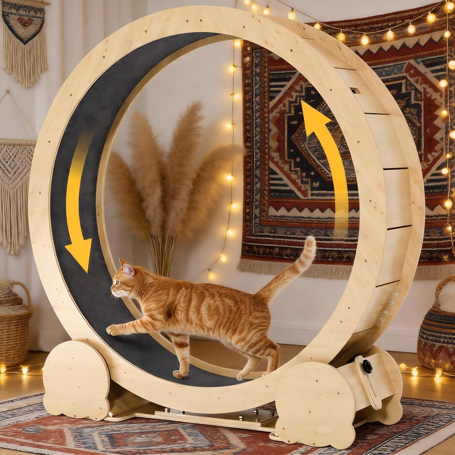 Cat Wheel for Indoor Cats, 46" Large Cat Exercise Wheel with Detachable Carpet, Silent Cat Treadmill with Safety Lock for Small & Adult Cats, Quiet for Nighttime Use, Natural Wood Color