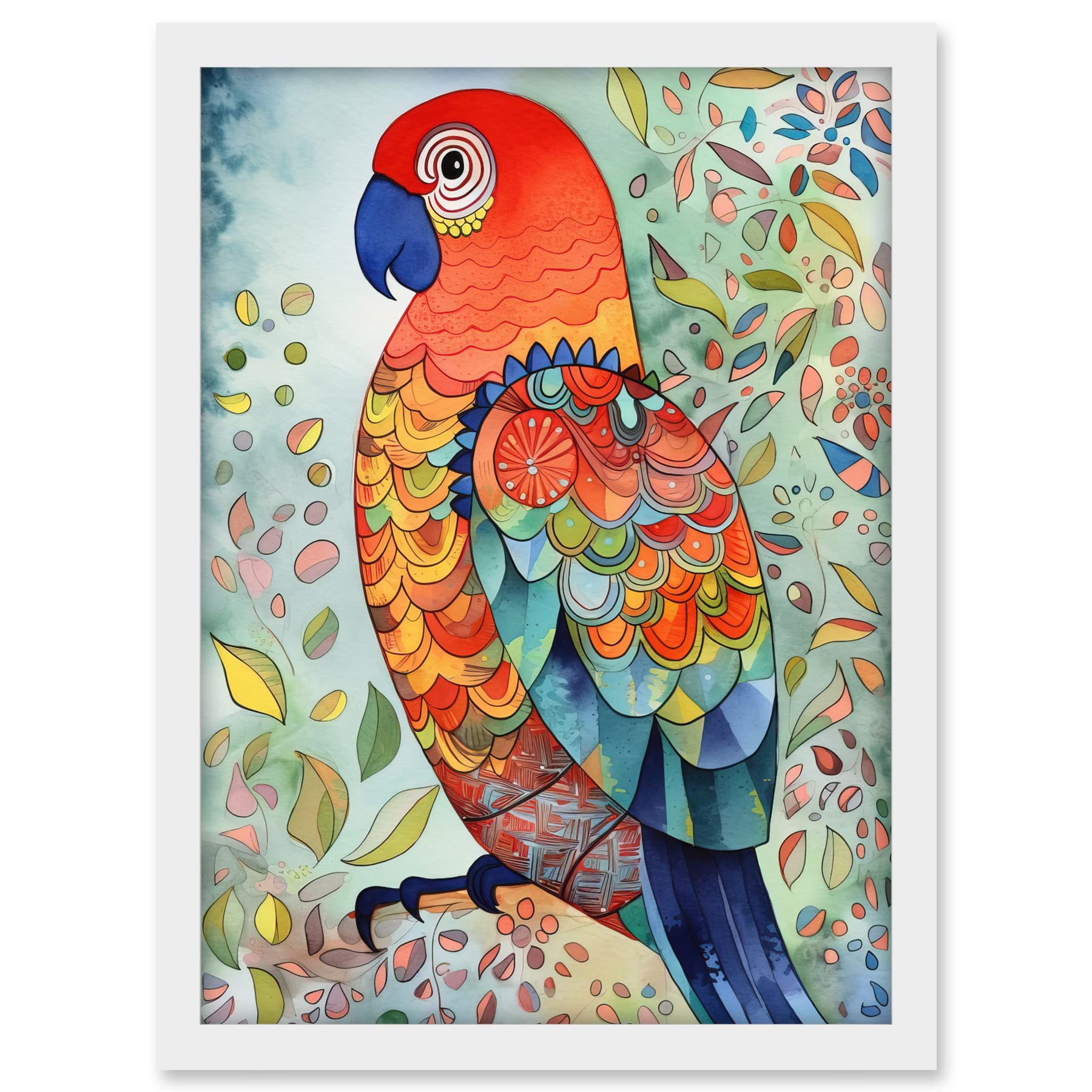 Artery8 Parrot Bird Portrait Folk Art Watercolour Painting Artwork Framed A3 Wall Art Print