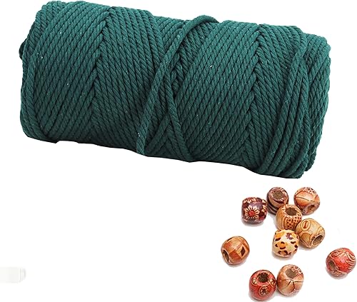 Cordón de macramé de 0.118 pulgadas, 109 yardas, color verde oscuro, 1 unidad, cuerda de algodón natural para tejer macramé de color, 4 hebras de