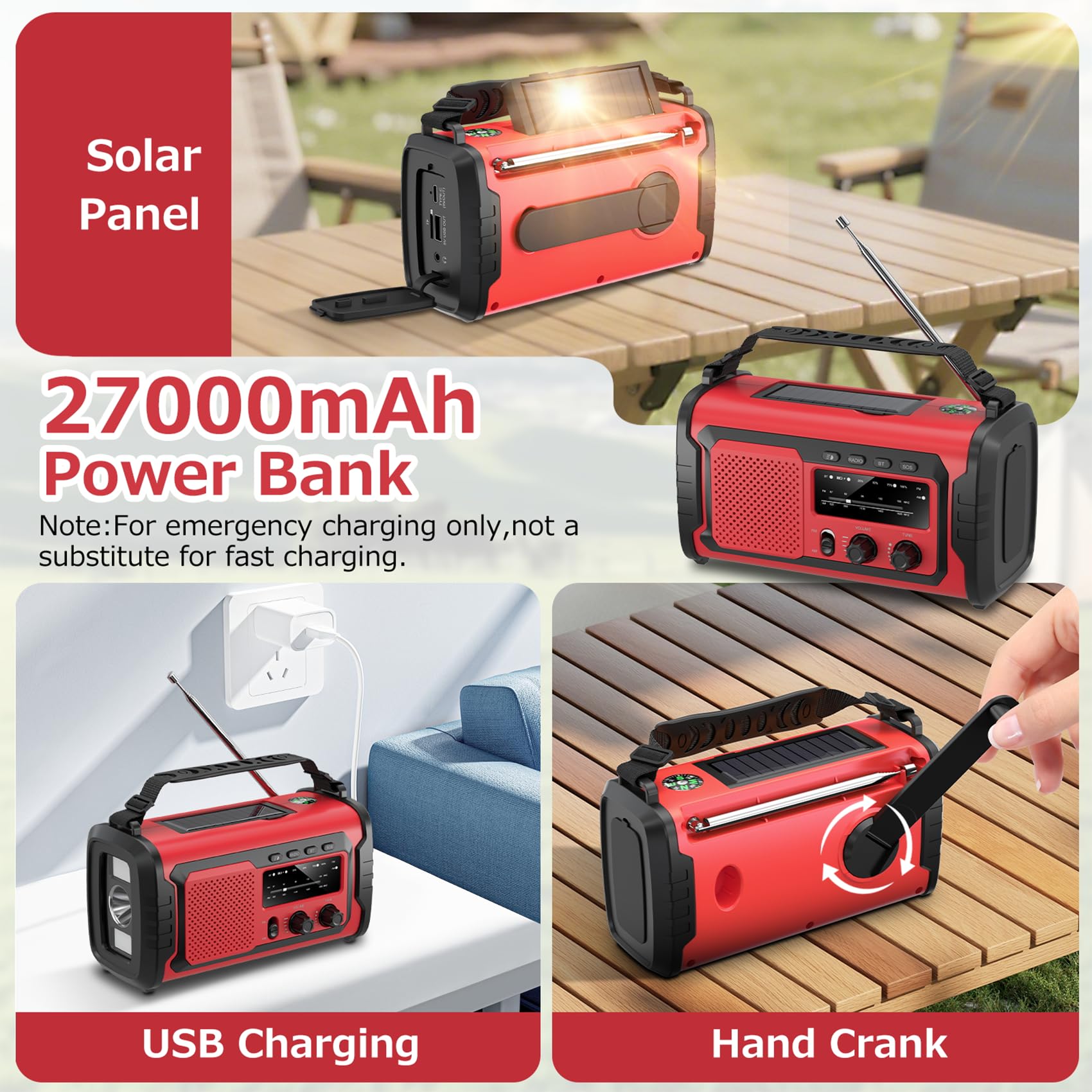 Kurbelradio 27000mAh Notfallradio mit Solar & Handkurbel, AM/FM Emergency Radio mit SOS Alarm, Bluetooth Lautsprecher & Powerbank, Taschenlampe für Camping,Outdoor(Rot 27000mAh)