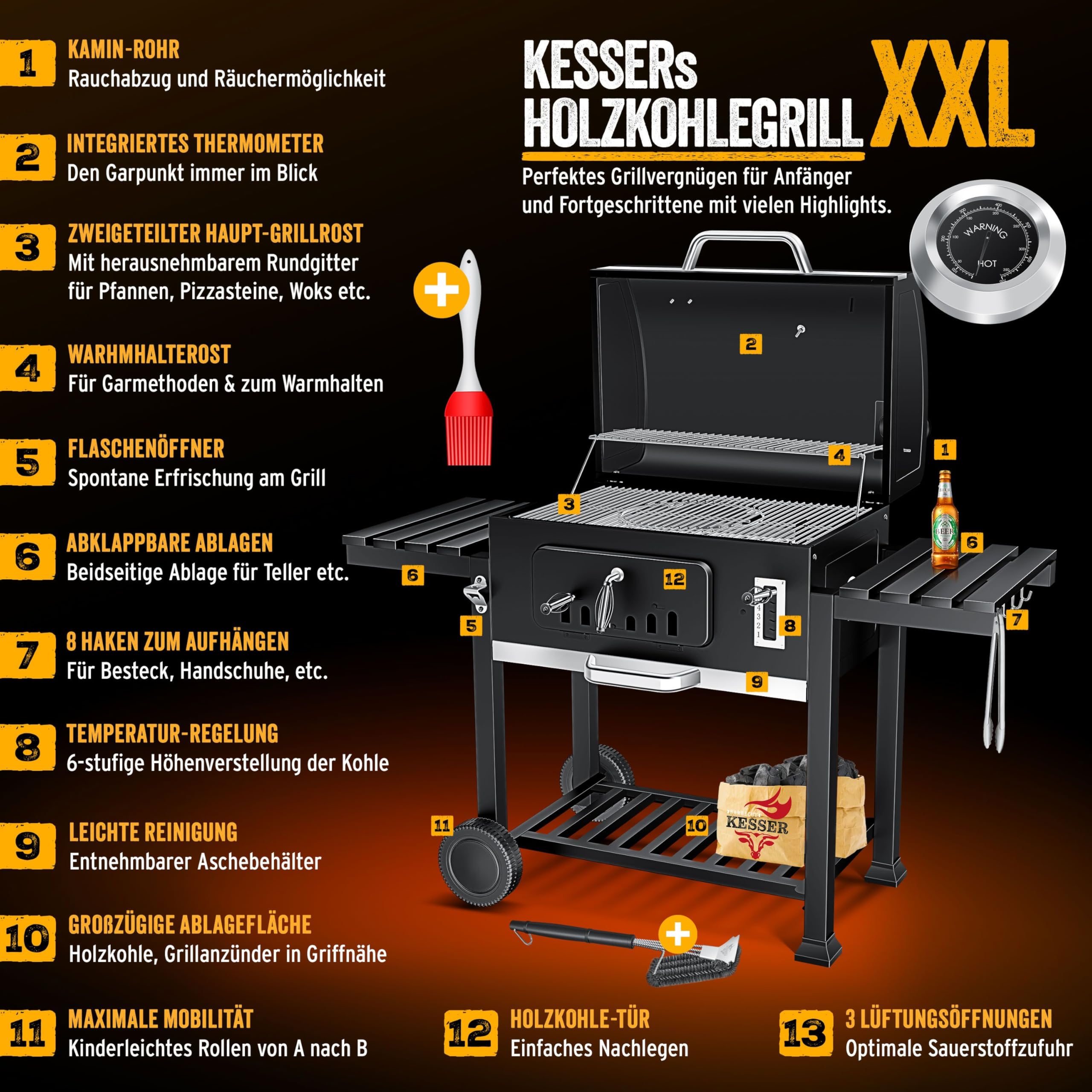KESSER Barbacoa XXL con ahumador, con tapa, ruedas, mango de acero inoxidable, termómetro, cubierta, 8 ganchos en una bolsa y cepillo de silicona, parrilla de pie