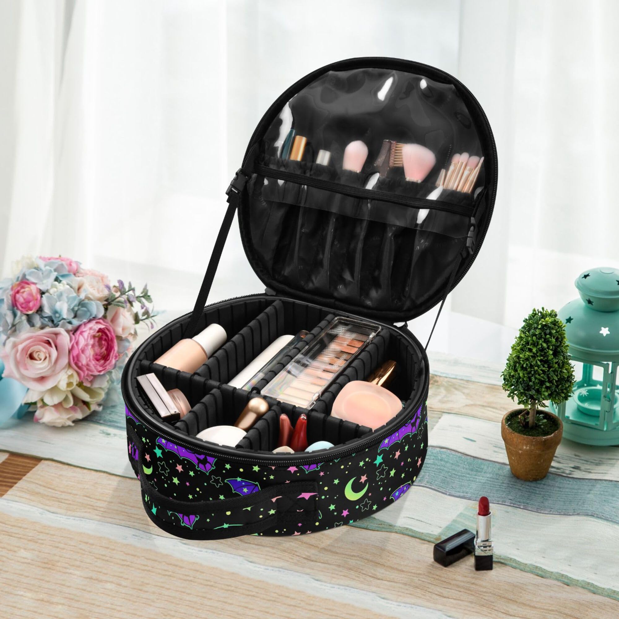 MNSRUU Gothic-Make-up-Tasche für Damen, Vintage, Make-up-Tasche, groß, Reise-lila Fledermaus, Gothic-Kosmetiktasche, Kulturbeutel mit verstellbaren Trennwänden, tragbar für Kosmetik, Make-up-Pinsel,