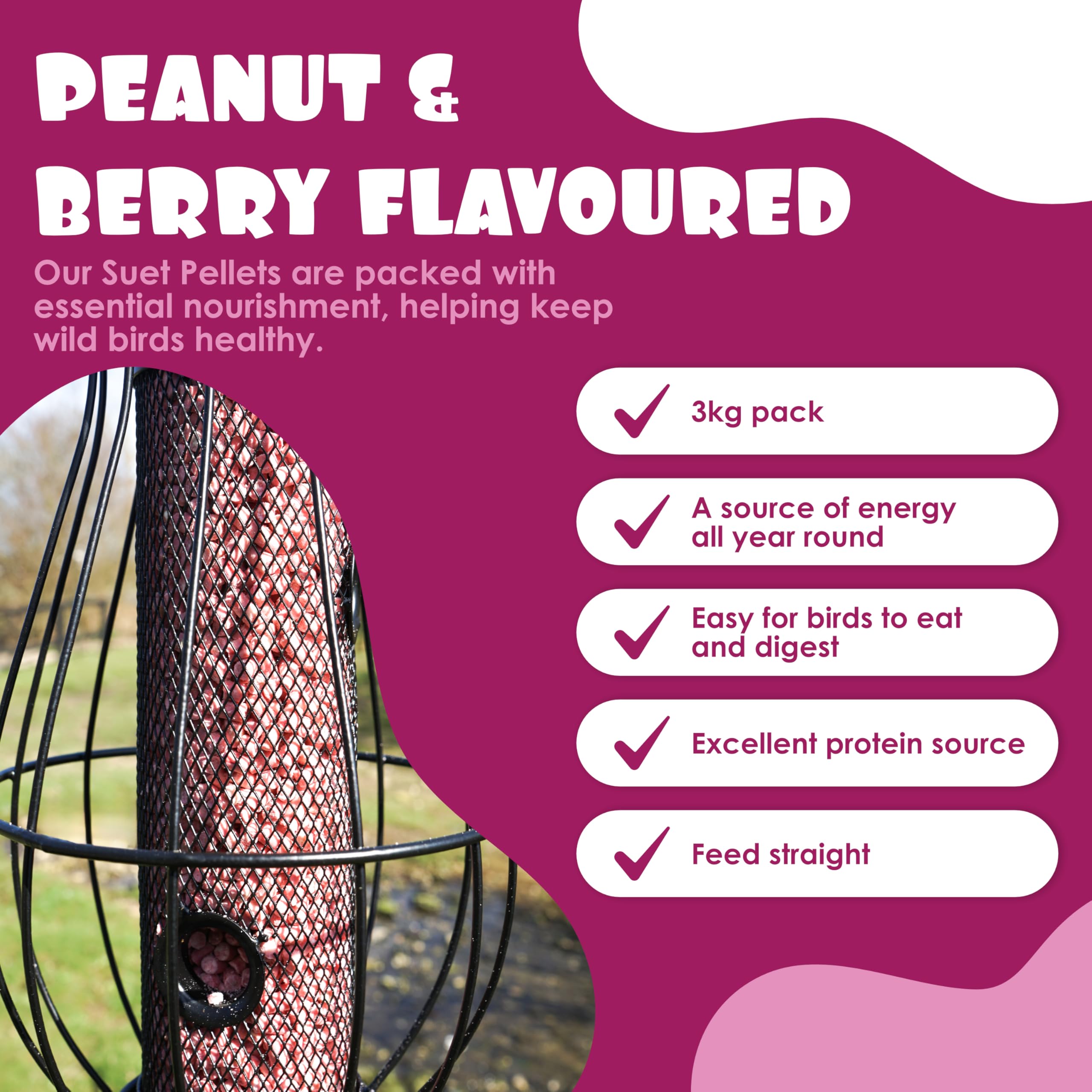 Peanut & Berry Flavoured Suet Pellets, 3kg Resealable Tub - Wild Bird Food Enriched with Human Grade Beef Tallow, High in Energy & Protein - All-Season Bird Feed - Manufactured In The UK — view 2