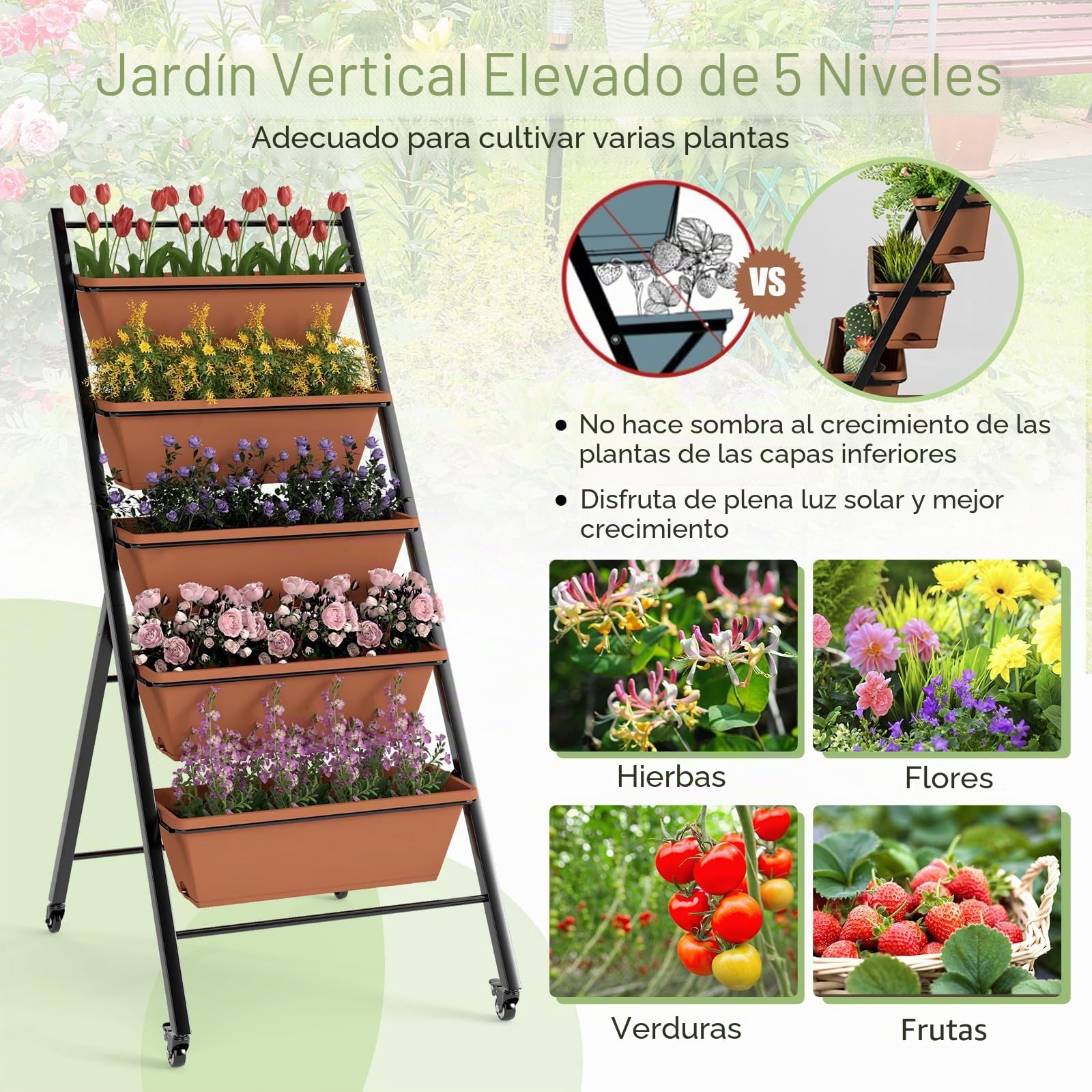 HOMASIS Jardinera de Balcón de 5 Estantes con 4 Ruedas, Estante para Plantas con 2 Ruedas con Freno, Carro para Plantas, Flores, Verde, Jardín, Balcón, Jardinera de Patio (Marrón, 57 x 74 x 132 cm)