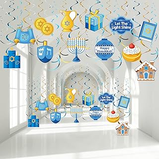30 Pieces Hanukkah Decorations, Hanukkah Hanging Swirls Chanukah Ceiling Swirls Hanukkah Cutouts Jewish Foil Hanging Spiral Decorations for Chanukah Happy Hanukkah Holiday Party