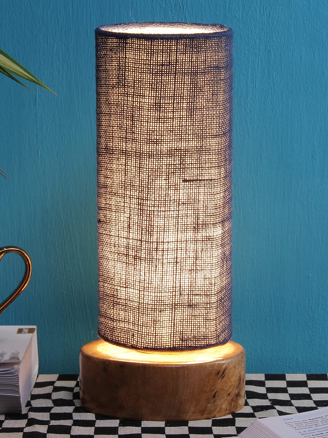 Devansh Blue Jute Shade with Round Wood Base