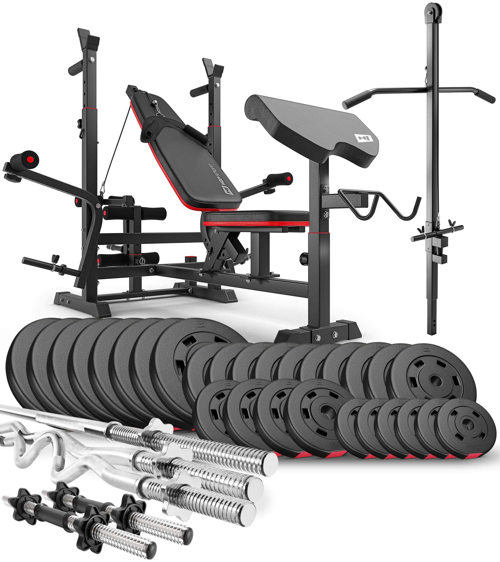 Hop-Sport - Hantelbank mit Latzug, multifunktionale Trainingsbank, verstellbare Schrägbank, inkl. Langhantelstange, SZ-Curlstange, Hantelset 75kg bis 173kg, max. Hantelbank Belastbarkeit 270 kg