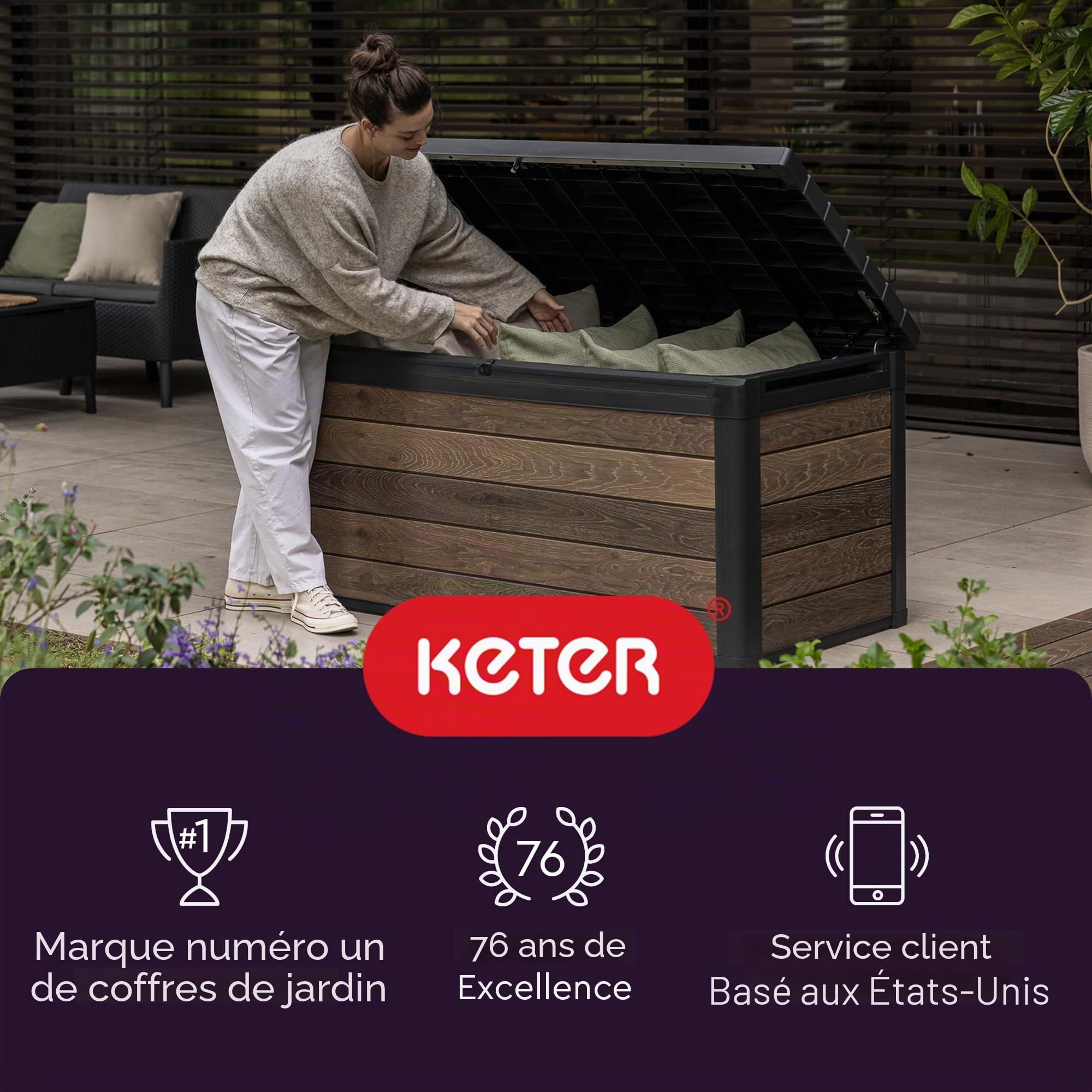 Keter City Boîte de terrasse en résine pour meubles de terrasse, accessoires de piscine et rangement pour jouets d'extérieur, gris foncé 100 l