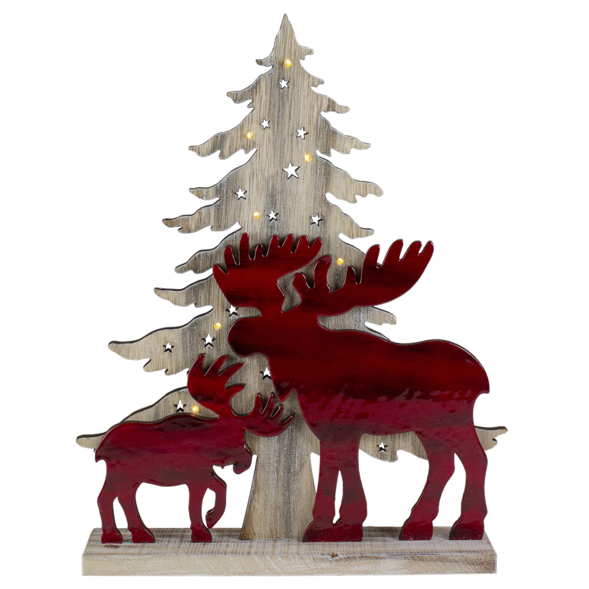 Lighted Moose and Christmas Tree Wooden Decoration - 13.5