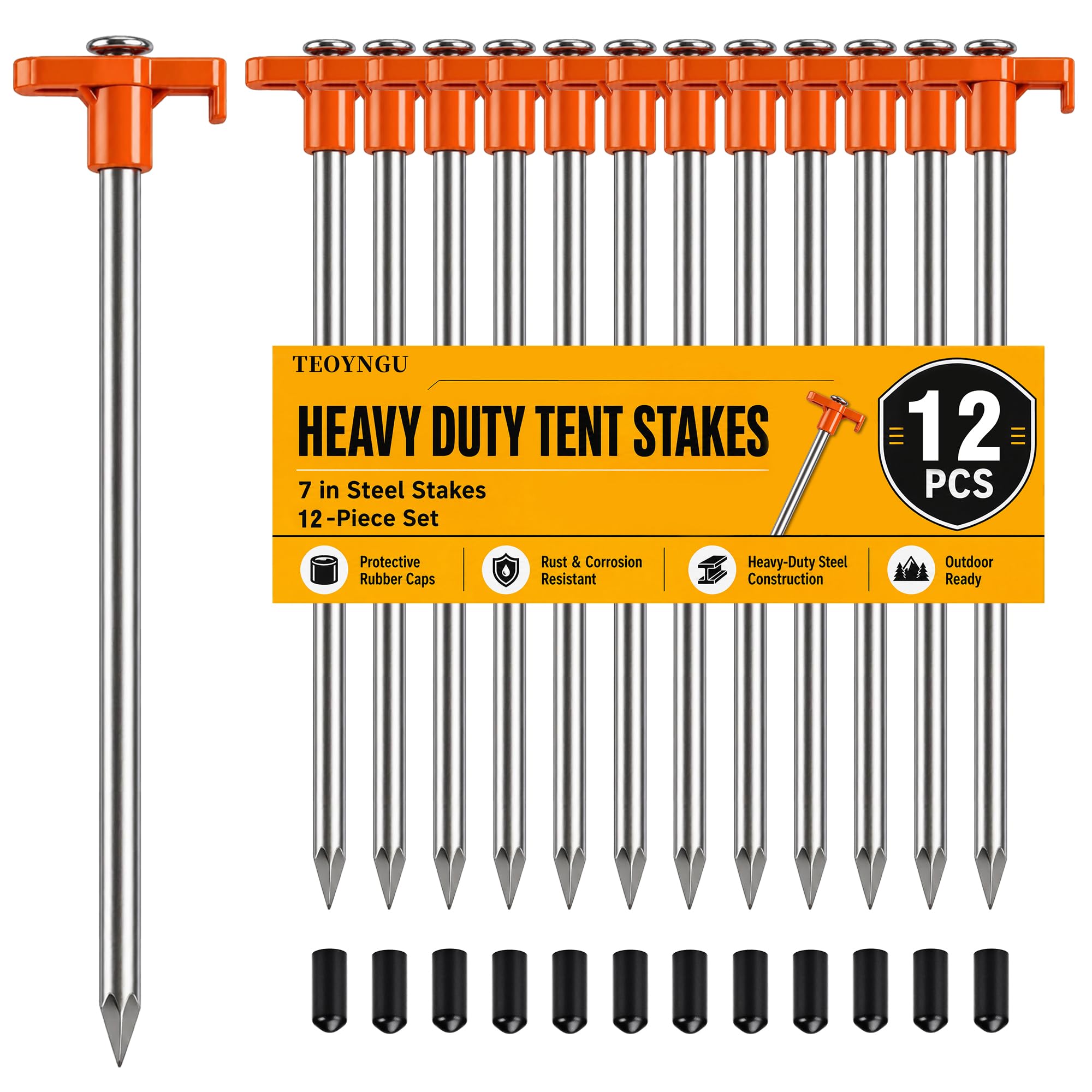 TEOYNGU 12-Pack Heavy Duty Camping Tent Stakes, 7.1-Inch Rust-Resistant Metal Tent Pegs with Orange Rubber Protective Sleeves for Tarps, Canopies and Garden Use : Sports & Outdoors