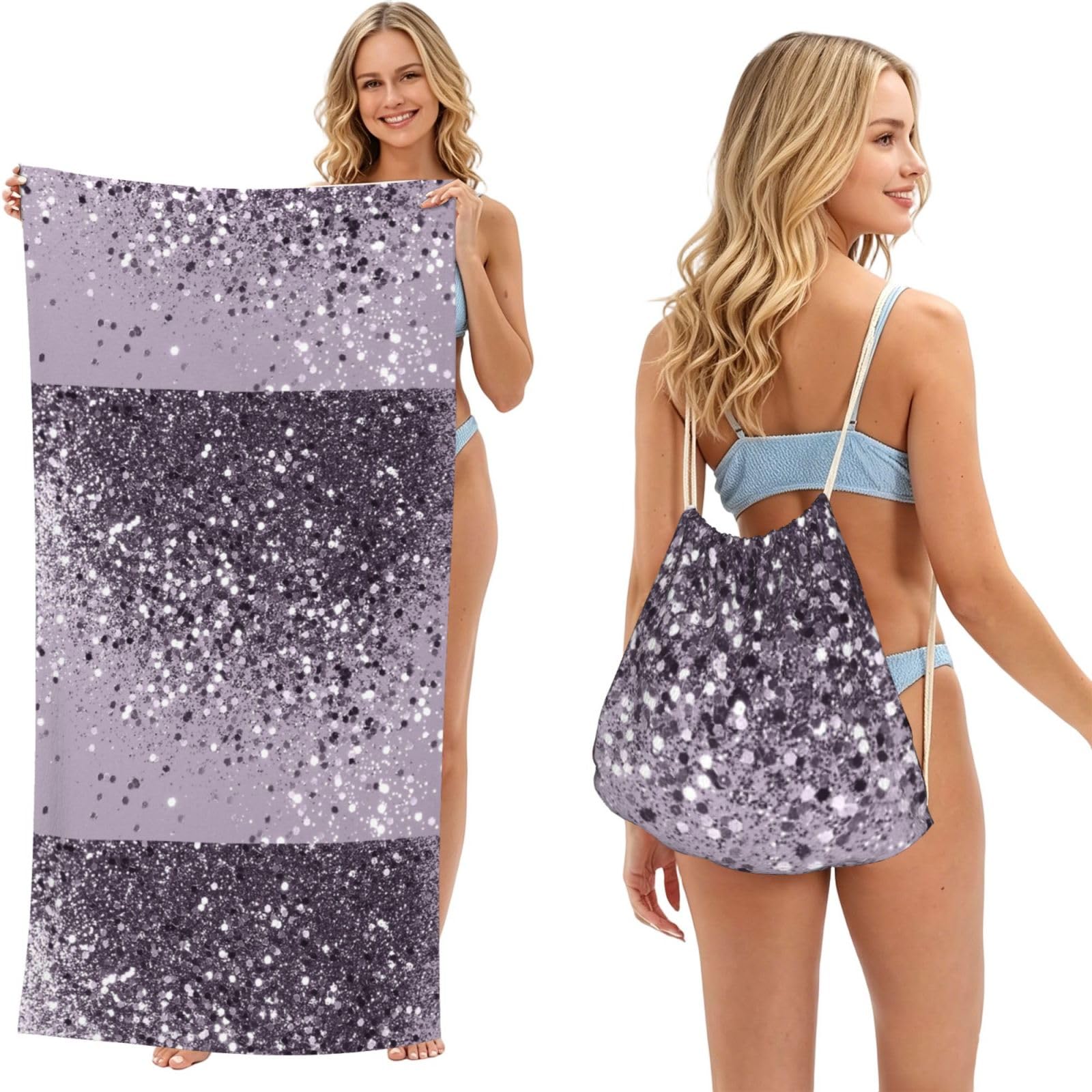 Poadnly As Picture Sparkling Lavender Lady Glitter Shiny Decor Art, 2 In 1 Packable Towel Bag, Beach Towels With Drawstring Backpack For Travel Holiday Camping