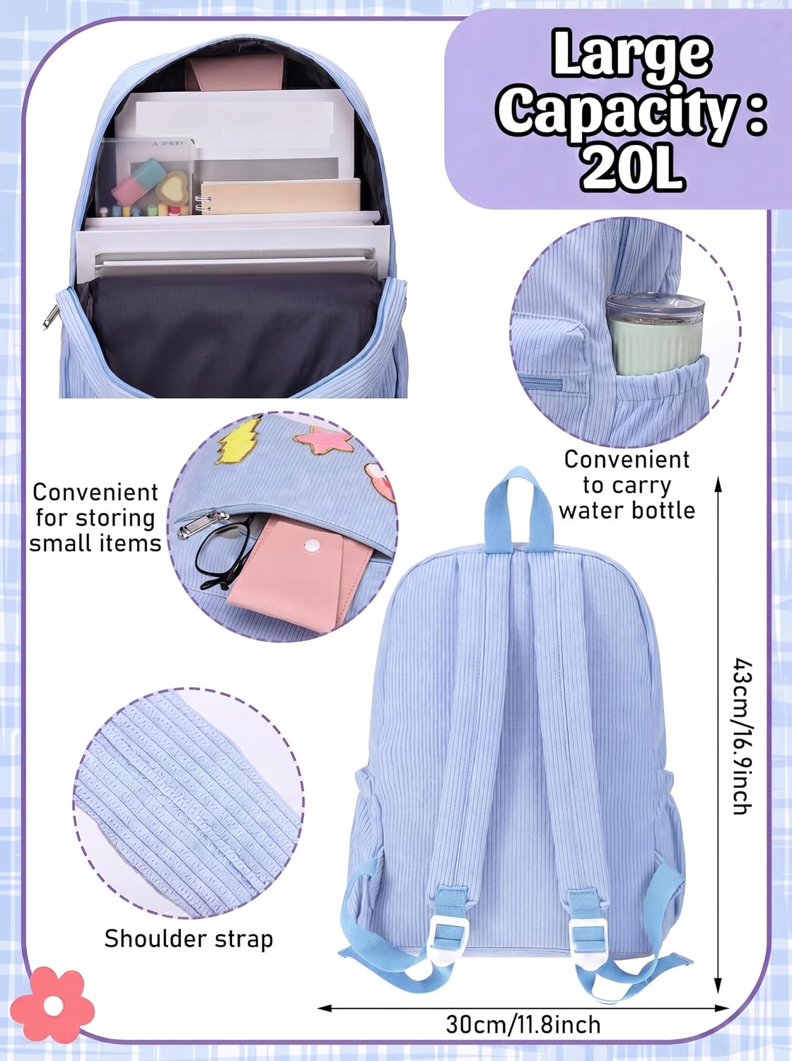 Dansydaisy 2 Pcs Blue School Backpack Set for Girls Preppy Corduroy Book Backpack and Corduroy Lunch Bag with Chenille Patches for Back to School Gift image 2