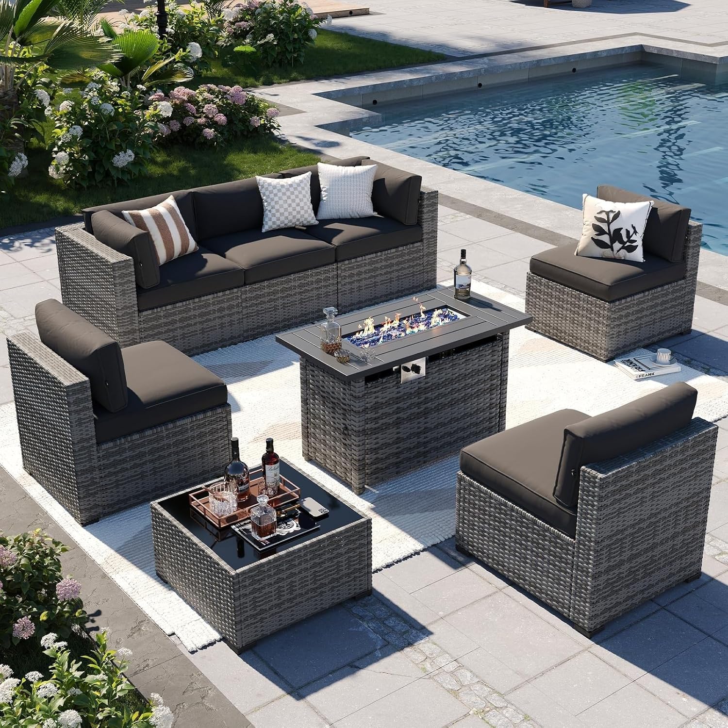 Patio Furniture Sets 8-Piece Outdoor Patio Furniture with 44'' Propane Gas Firepit Table Wicker Conversation Set Sectional Sofa for Backyard Porch Balcony Poolside(Gray)
