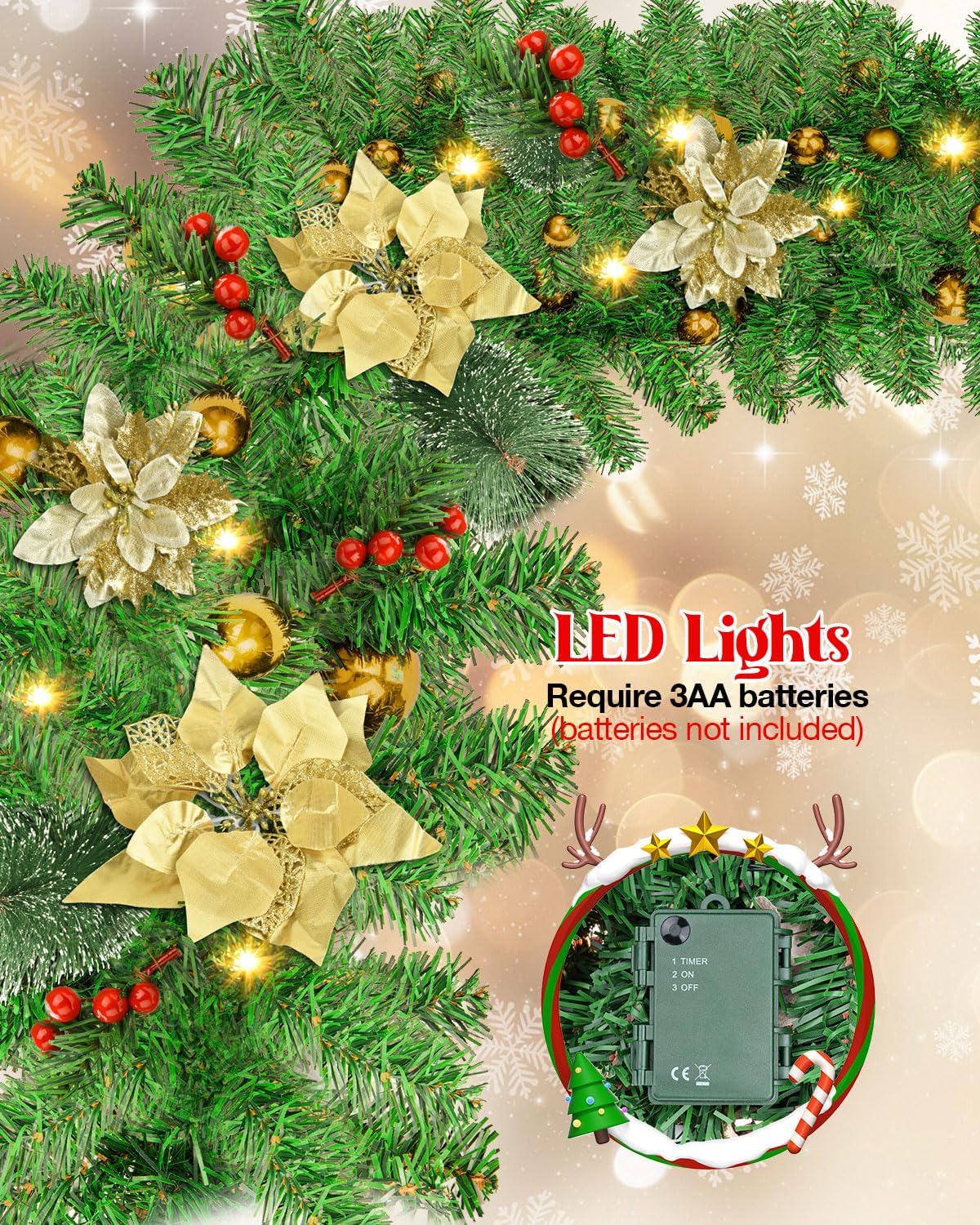 Christmas Garland, 9FT/2.7M Xmas Garland with Lights for Front Door, Christmas Tree Decorations, Mantle, Home, Stairs, Fireplace, Porch, Holiday Indoor Outdoor Decor (Gold) - Image 2