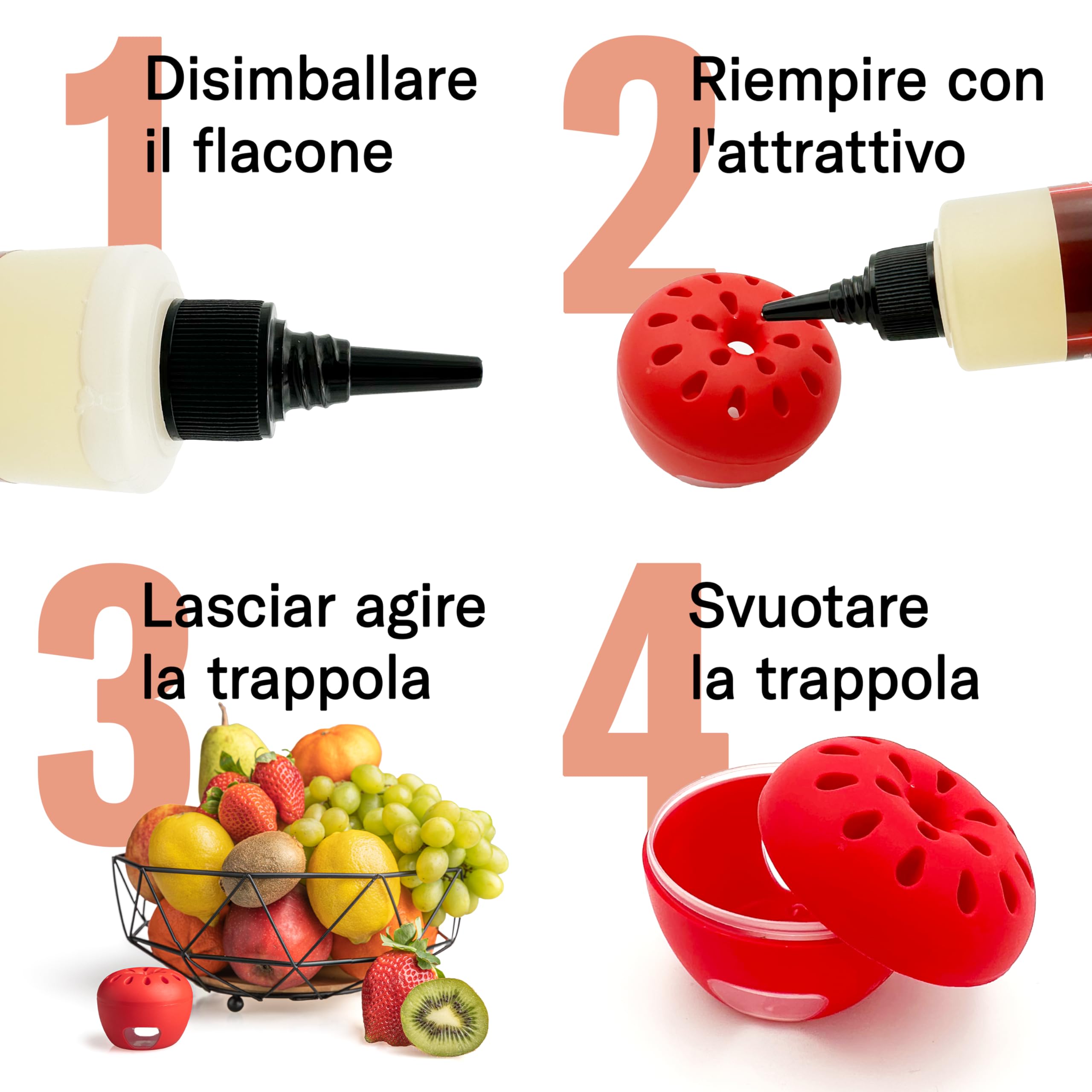 Novokill Trappola Moscerini Frutta – 4x Trappole + 100ml Esca – Trappola moscerini frutta per cucina – Anti mosche per casa – Trappola mosche interno – Riutilizzabile e ad alta efficacia