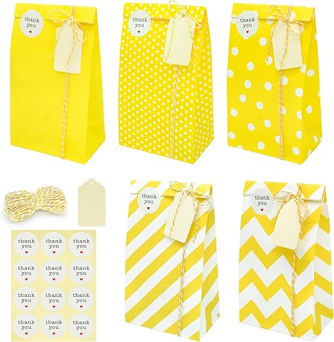 Miniatura 1 de Paquete de 30 bolsas de papel amarillo con calcomanías de agradecimiento, etiquetas de papel, hilo de algodón amarillo y blanco, 5 x 3 x 9 pulgadas,