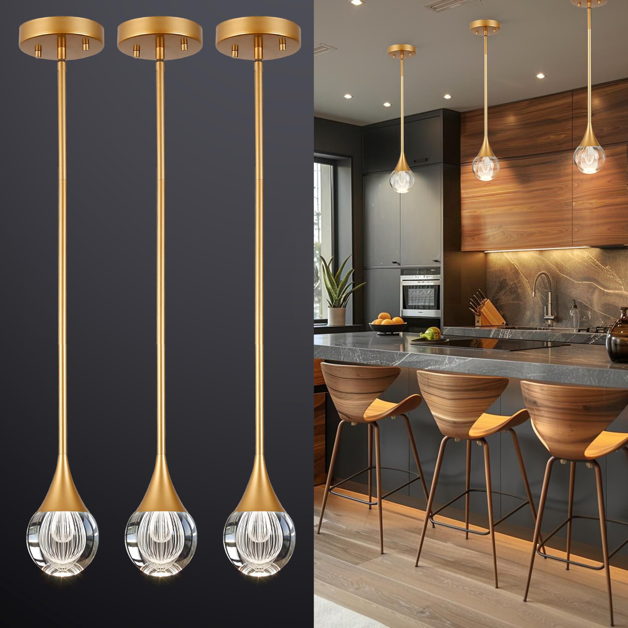 EANLOLY 3-Light Crystal Kitchen Island Lights - Elegant LED Pendant Ceiling Light Fixture for Dining Rooms, Bedroom, and Bar - Adjustable Height, Gold Finish