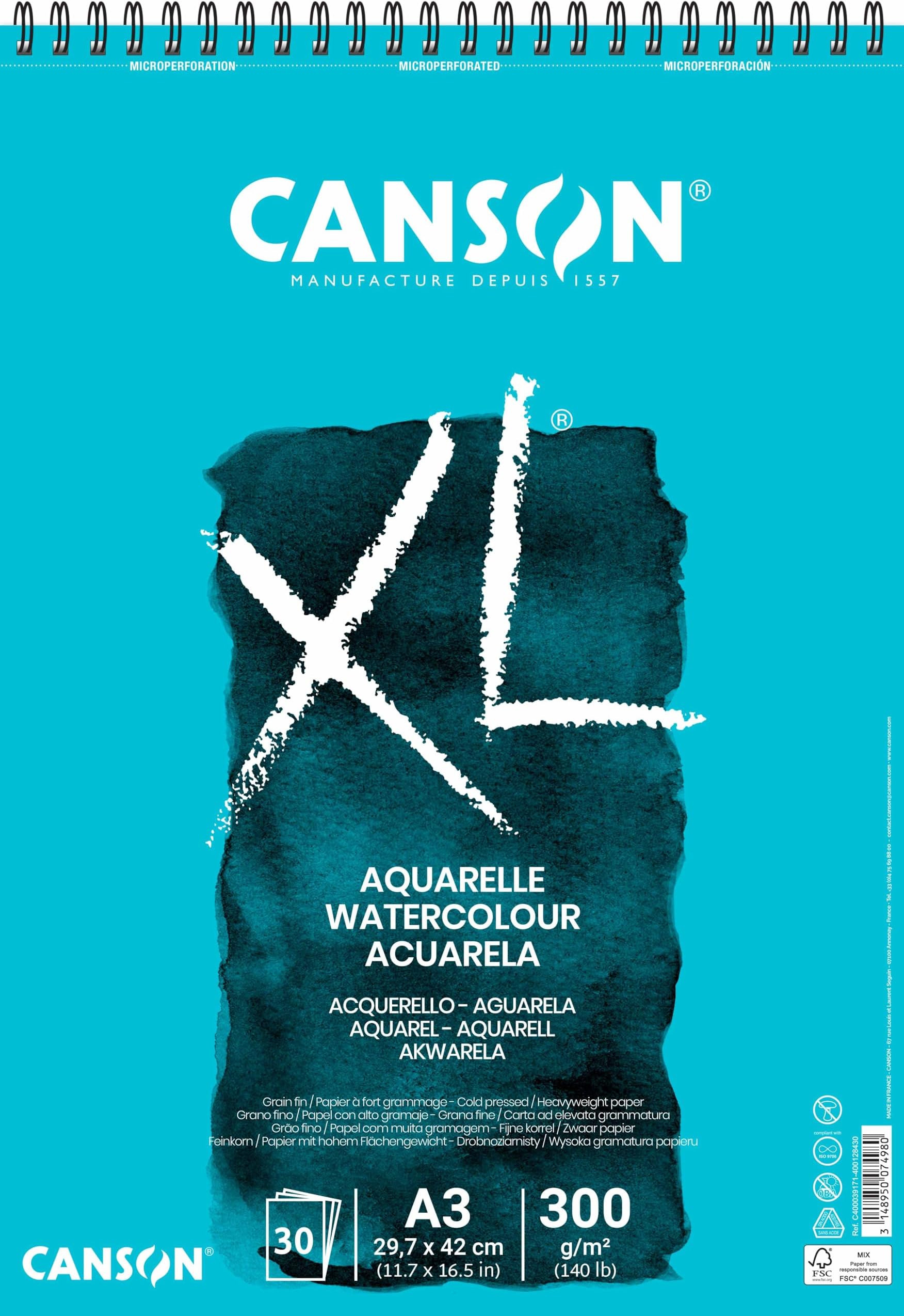CANSON XL Watercolour 300gsm A3 Paper, Cold Pressed, Spiral Pad Short Side, 30 White Sheets, Ideal for Professional Artists