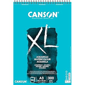 Canson XL Aquarelle album per tecniche umide, spiralato lato corto 300g / m, grana fine A3, 30 fogli