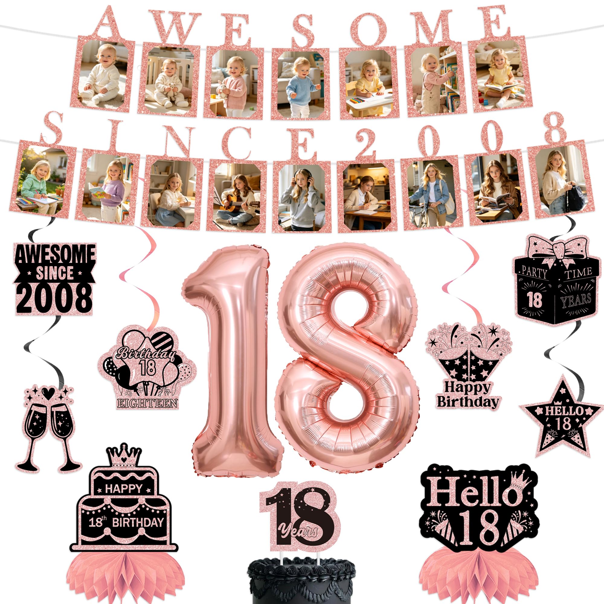 18th Birthday Banner Decorations Girls, Awesome Since 2008 Photo Banner