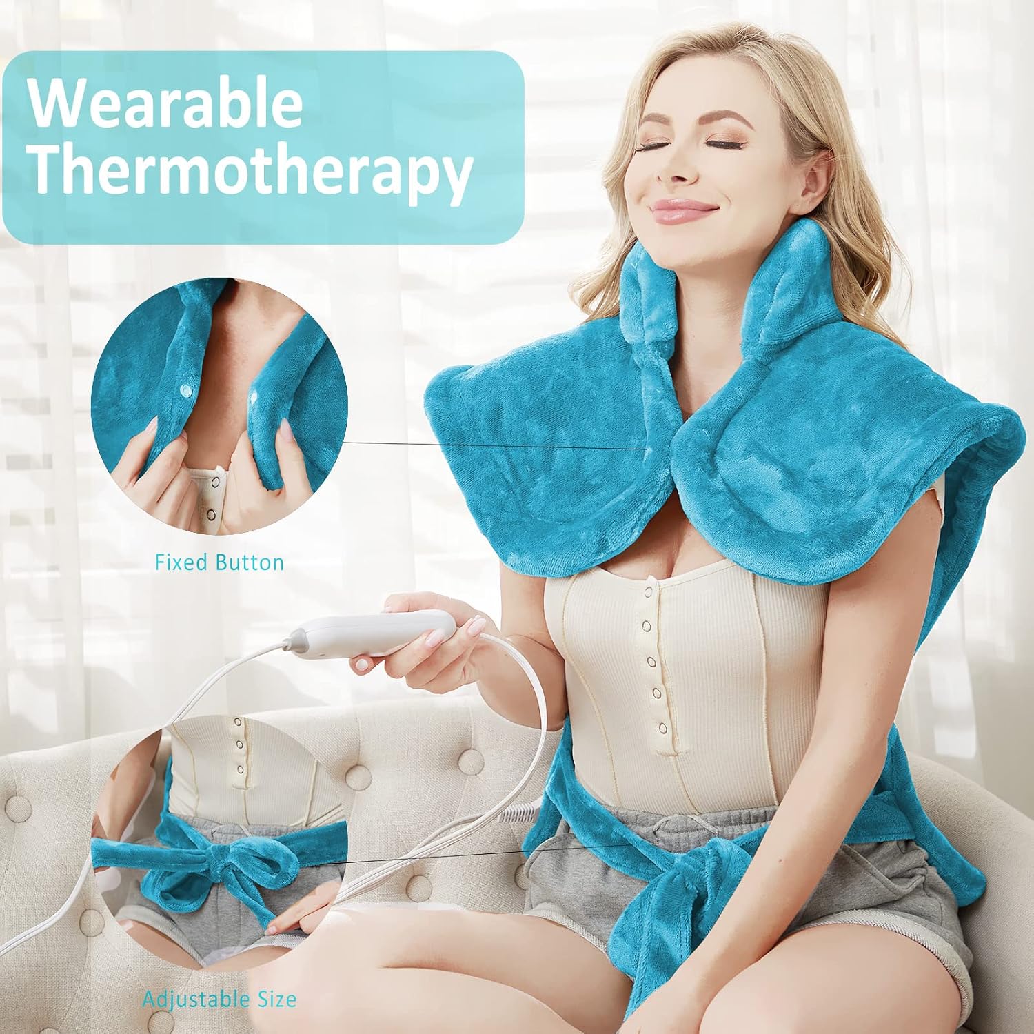 Wapaneus XL Large Heating Pad for Back & Neck,33"x24'' Wearable Electric Heated Pad- Heat Therapy Muscle Pain and Cramps Relief,with 3 Temperature Settings, Auto Shut-Off Machine Washable, Blue