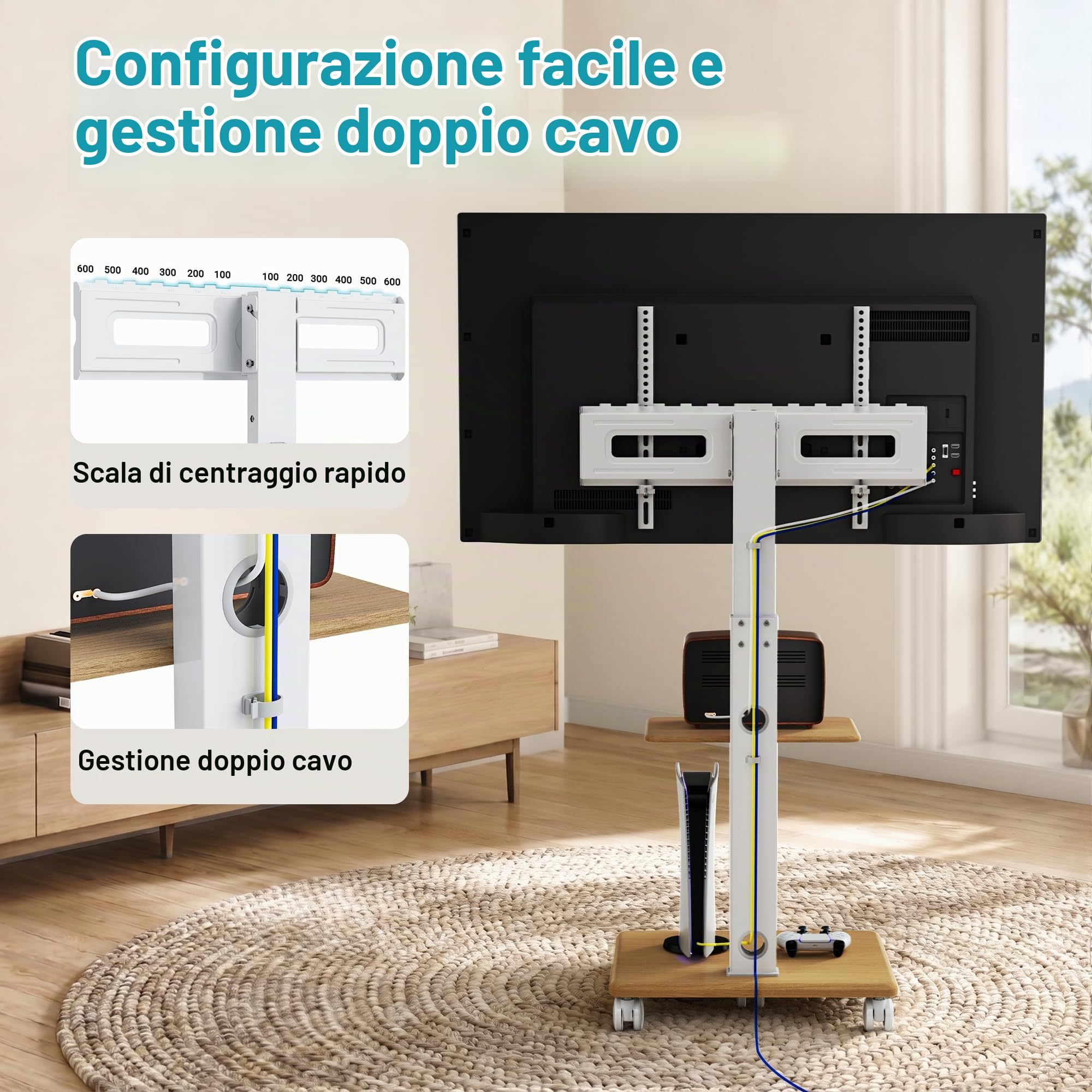 BONTEC Supporto TV da Pavimento con Base in Legno per TV 32-80 Pollici | con 5 ruote, portata 60 kg, VESA 600x400 mm, altezza 1210-1500 mm, girevole e inclinabile, Bianco