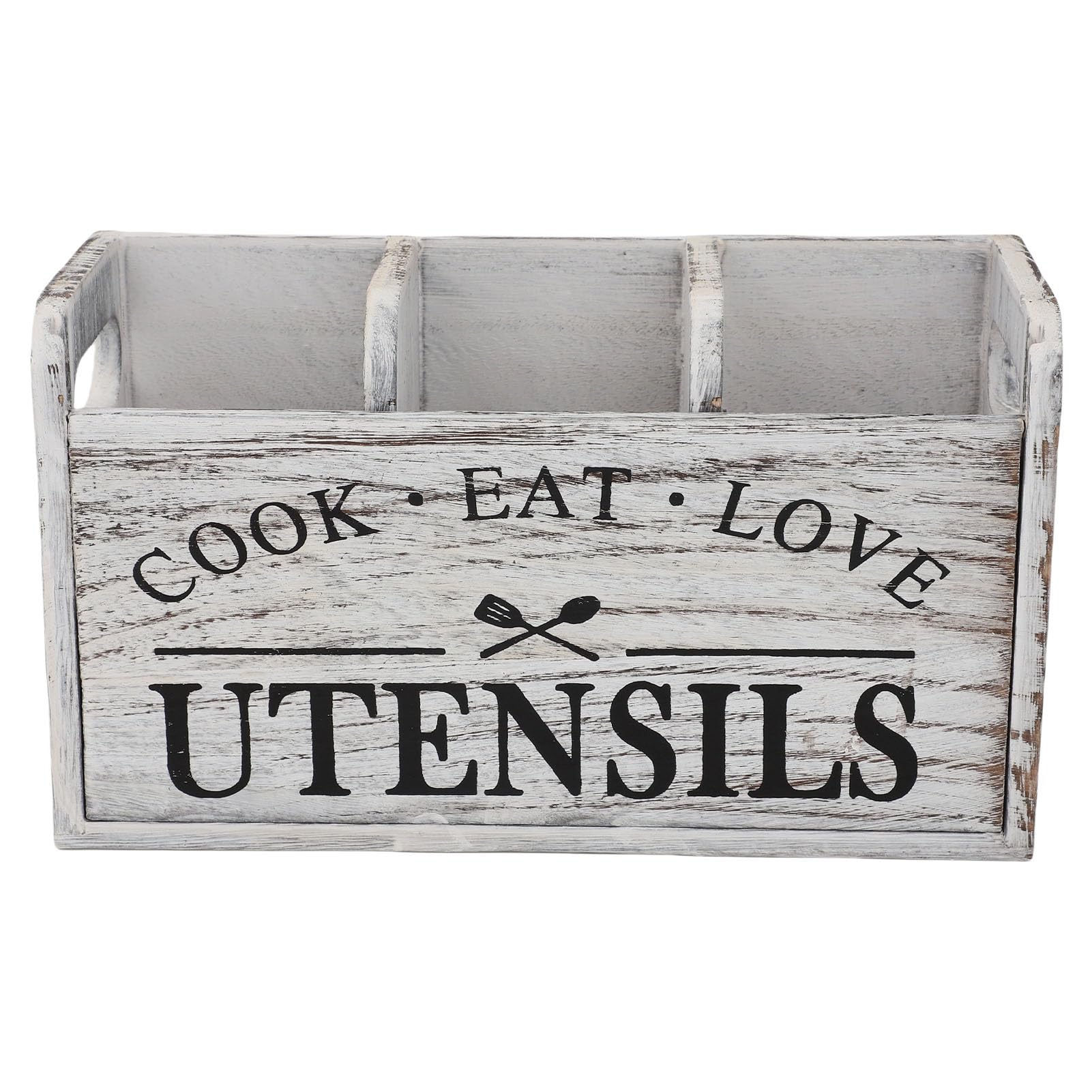 Asixxsix Kitchen Utensil Holder, Wooden Utensil Organizer with 3 Compartments, Vintage Cooking Utensil Crock Storage Box for Long Spoons Tongs Spatulas Forks