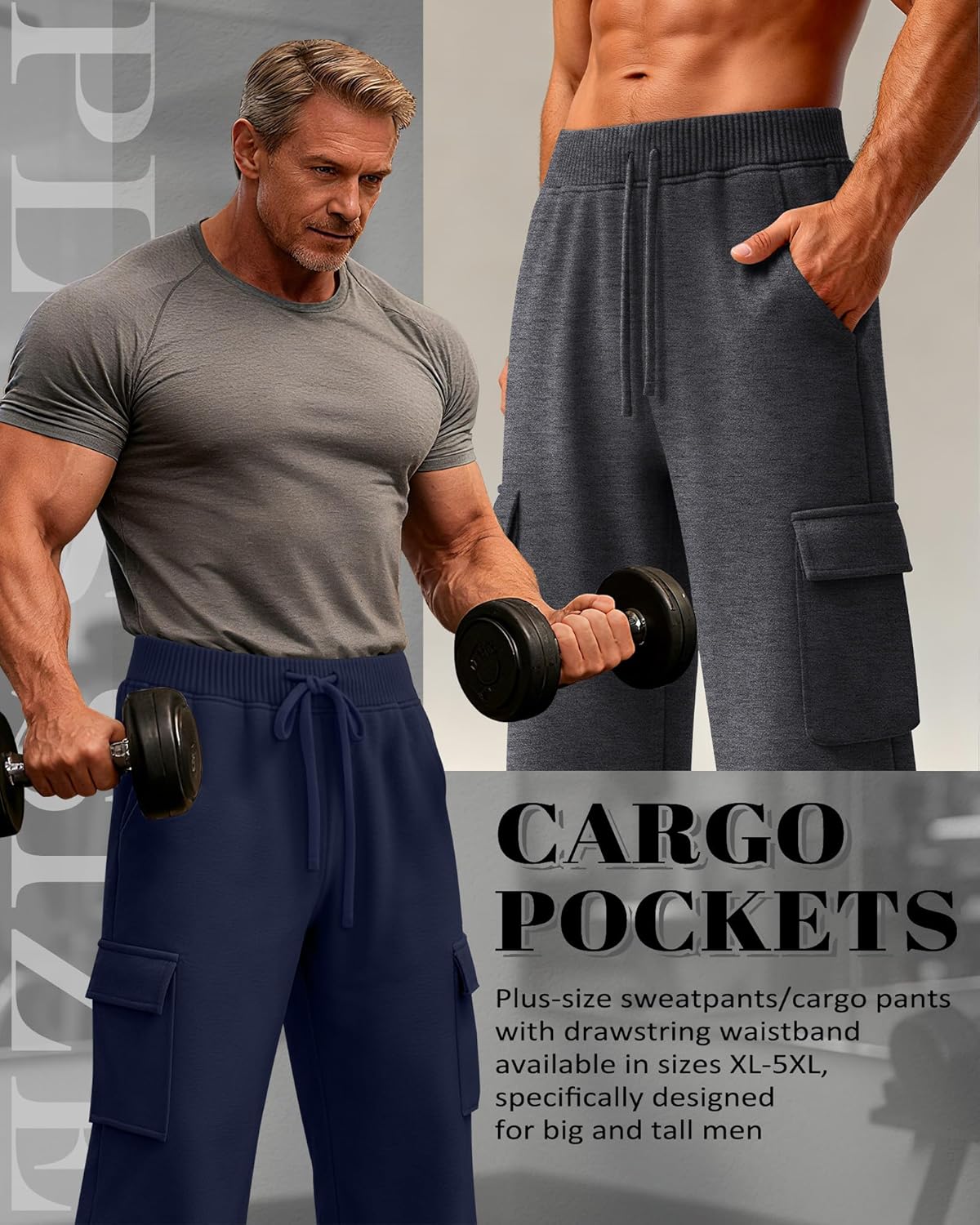 3 Pack Big and Tall Men's Cargo Sweatpants Open Bottom Drawstring Elastic Waist Pants with Pockets Casual Hiking - Image 2