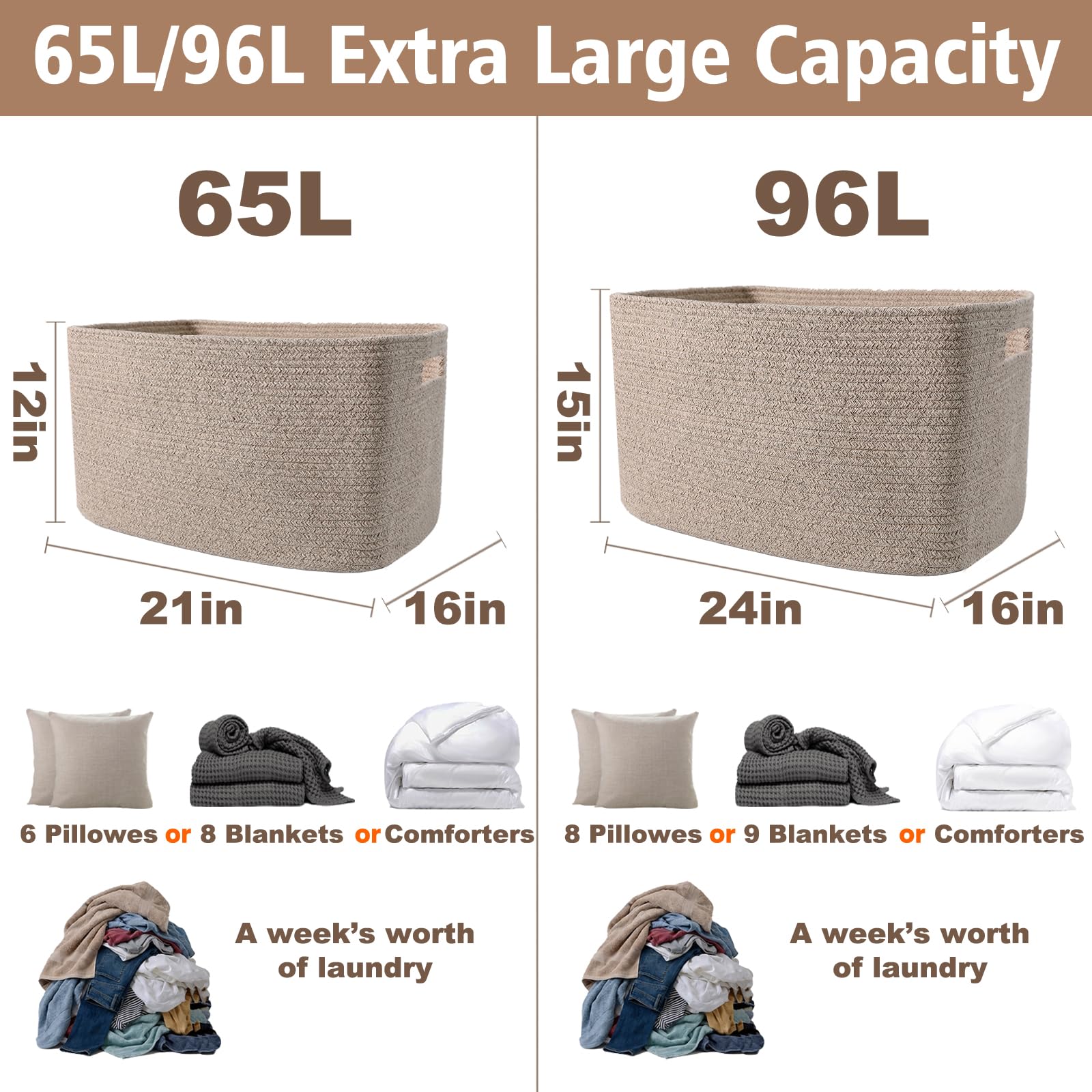 Large Cotton Rope Blanket Basket - 65L -3 Large Cotton Rope Blanket Basket - 65L -3