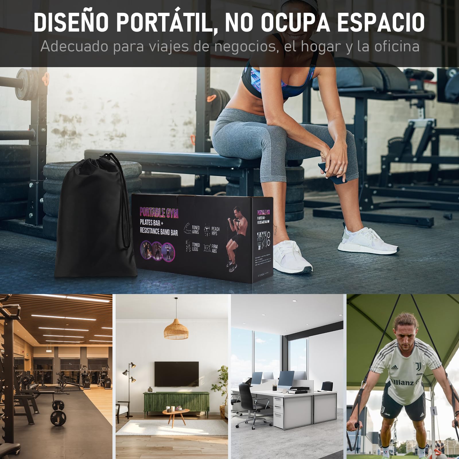 8 Gomas Elasticas Musculación (20/30/40/50lbs) con Barra de Pilates, Ruedas Abdominales, Anclaje para Puerta, Correas para Tobillos, Mango, Kit Pilates para Fitness en Casa, Gym