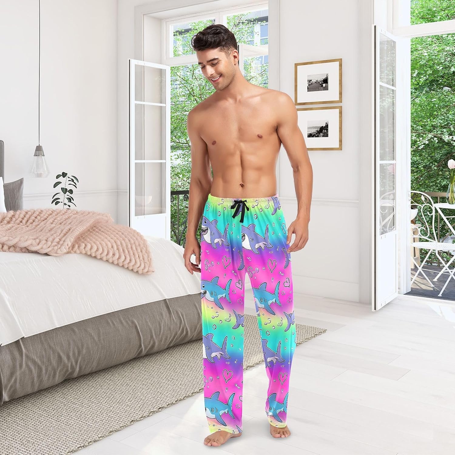 ALAZA Cute Shark Rainbow Hearts Men's Pajama Pants Men Cotton Pajama Bottoms with Pockets, S