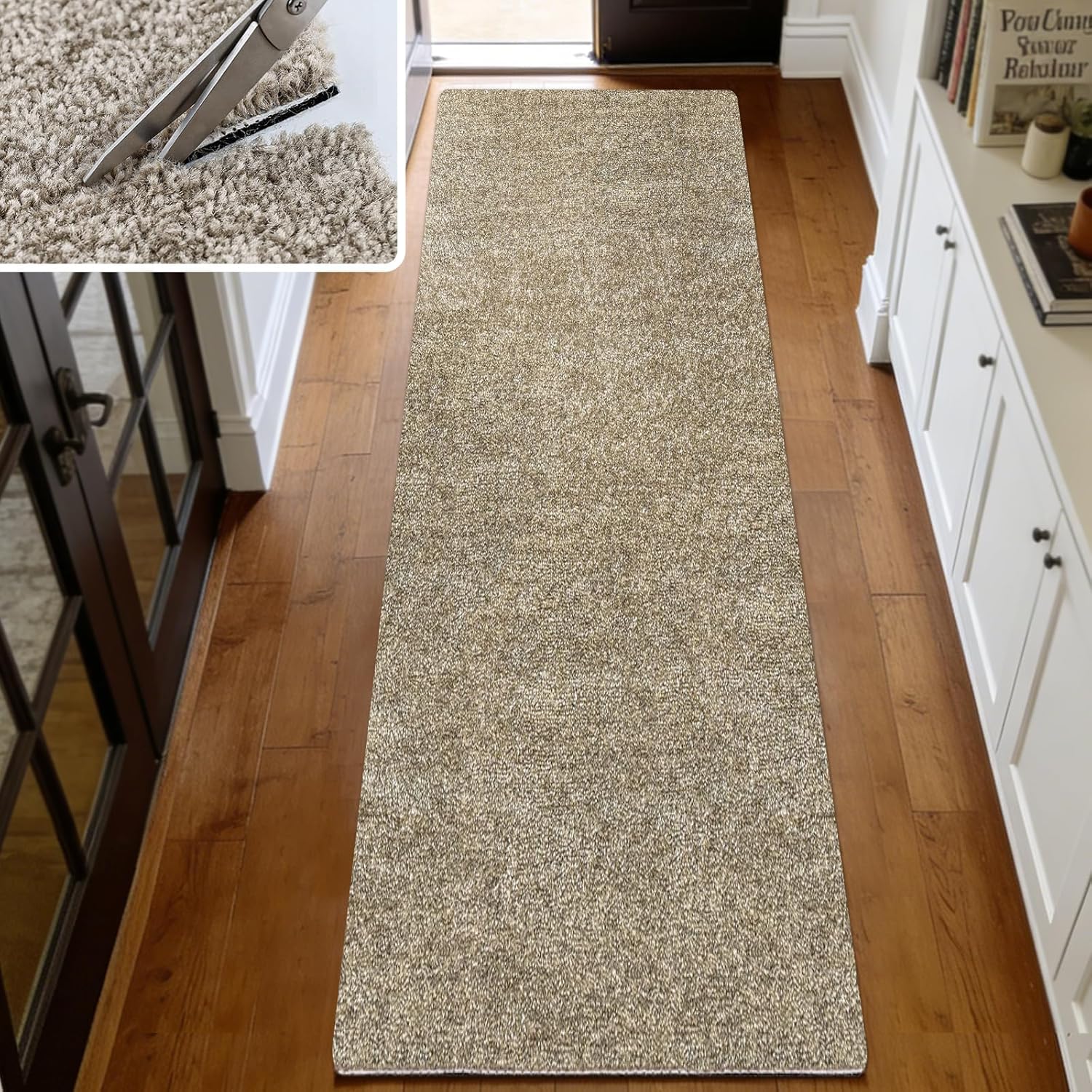 PURE ERA Cuttable Area Rug 2 x 8 Feet Non Slip Carpet for Kitchen Bathroom Hallway Washable Rug Self Adhesive Indoor Doormat Reusable Customize Cream Gray