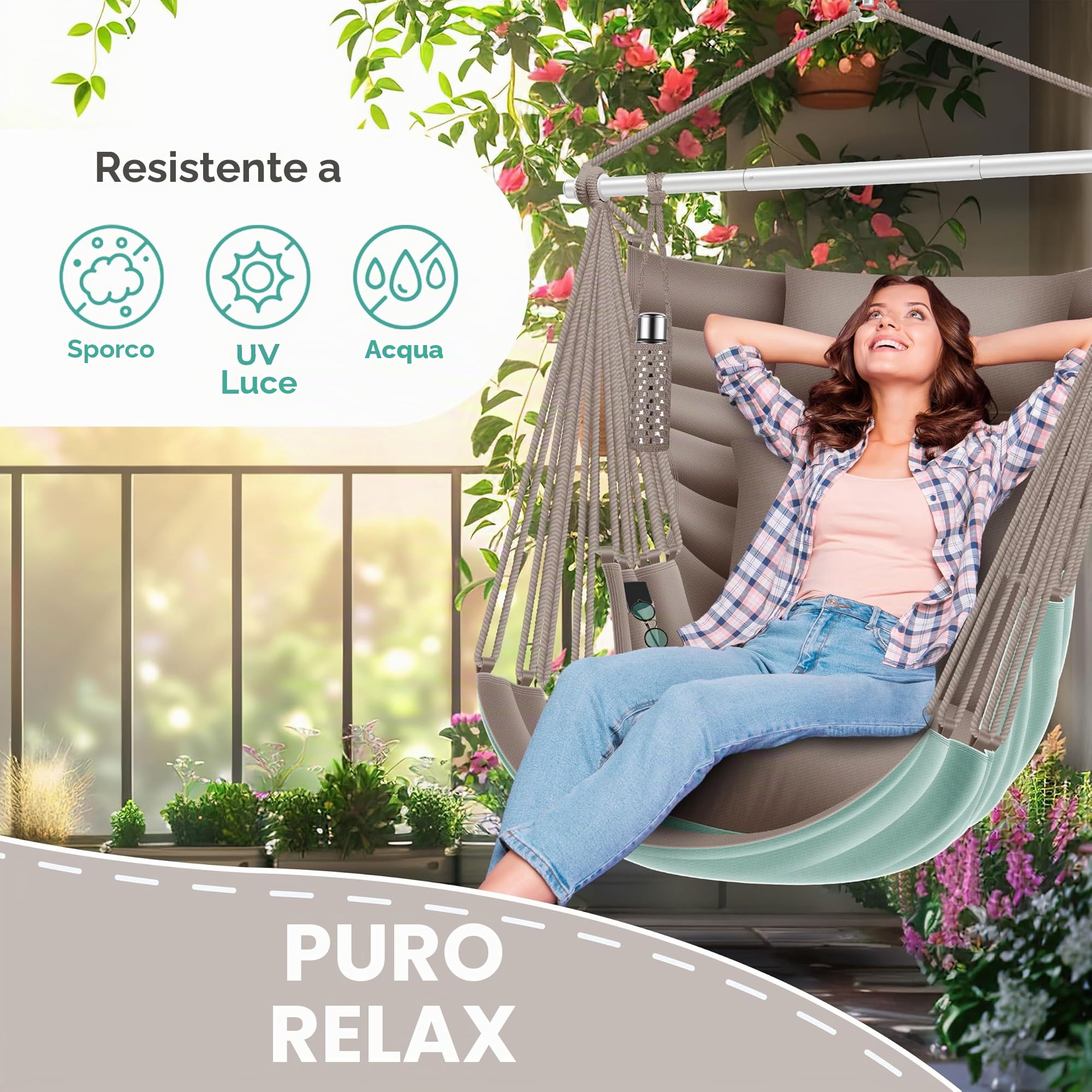KESSER® Poltrona sospesa Haiti, portata 150 kg, girevole a 360°, altalena sospesa per interni ed esterni, resistente ai raggi UV e all'acqua, facile da pulire, include 2 cuscini, borsa per il